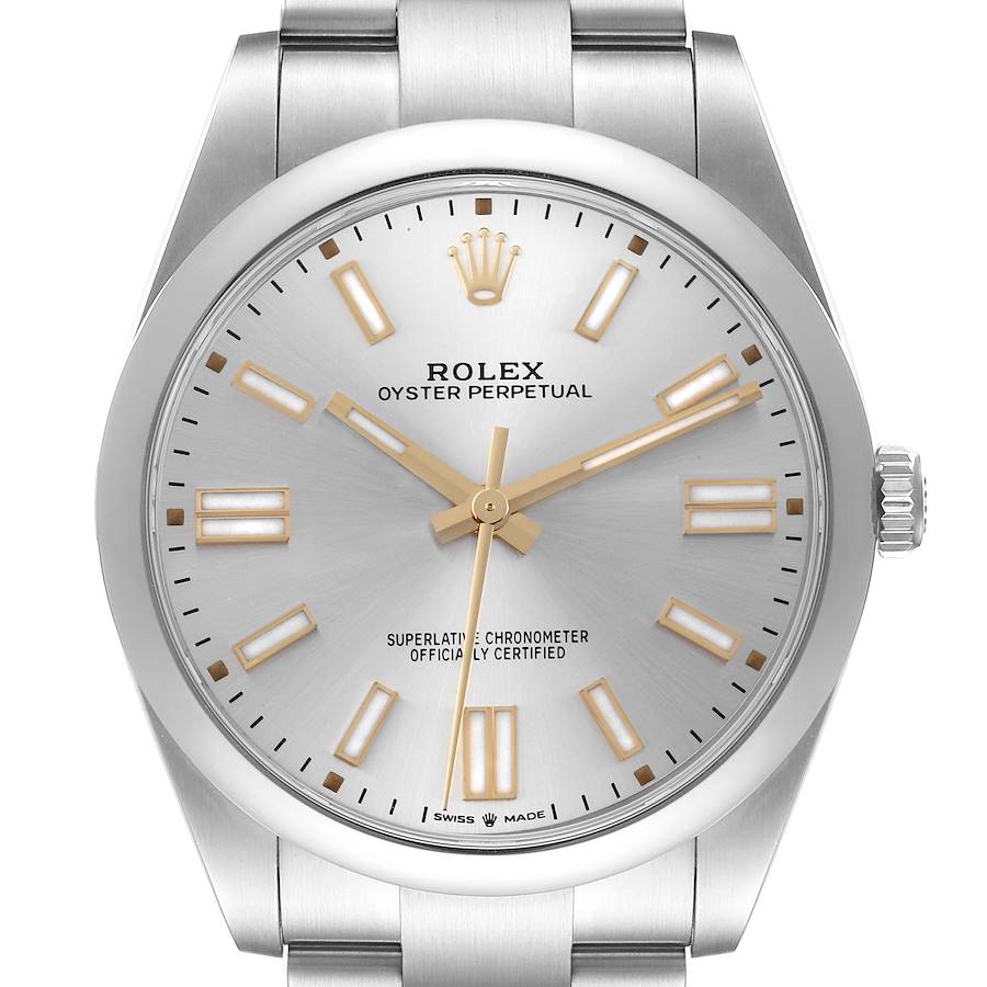 The image shows a front view of the Rolex Oyster Perpetual watch, displaying the dial, bezel, and part of the bracelet.