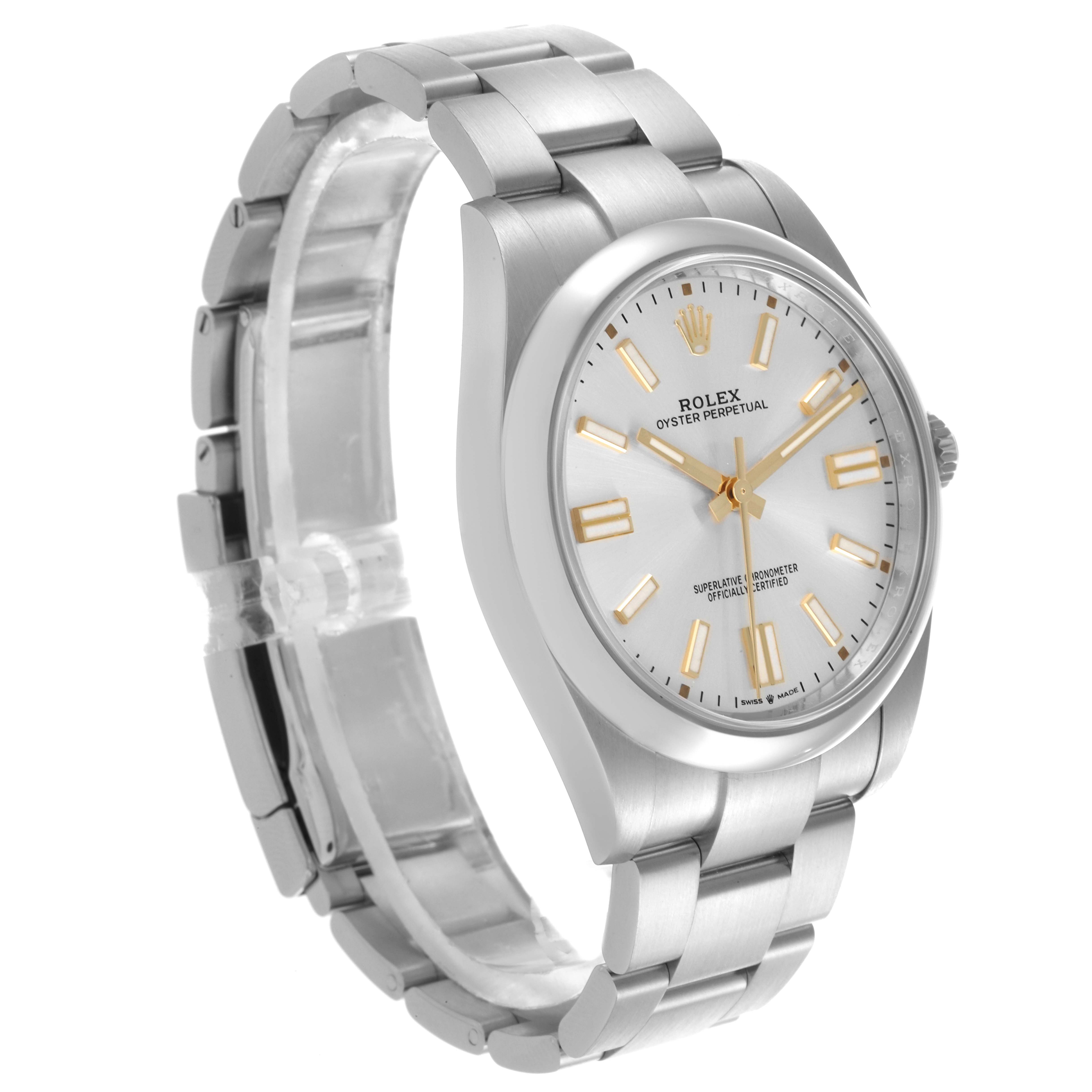 The Rolex Oyster Perpetual 124300 Men's Stainless Steel Silver Dial 124300 Men's Stainless Steel Silver Dial watch is shown at a three-quarter angle, displaying its face, bracelet, and case.