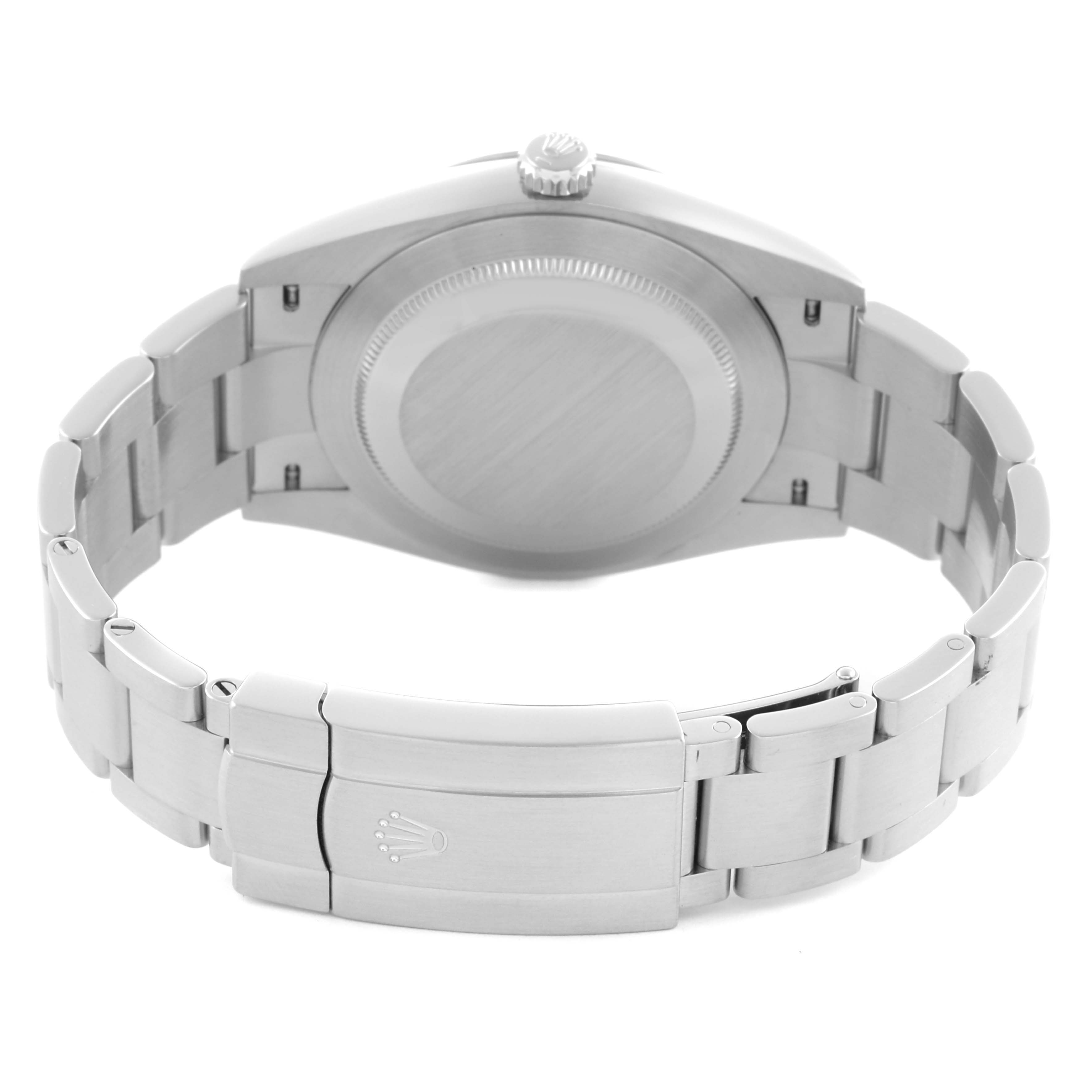 The image shows the back view of a Rolex Oyster Perpetual 124300 Men's Stainless Steel Silver Dial 124300 Men's Stainless Steel Silver Dial watch, highlighting the case back and bracelet clasp.