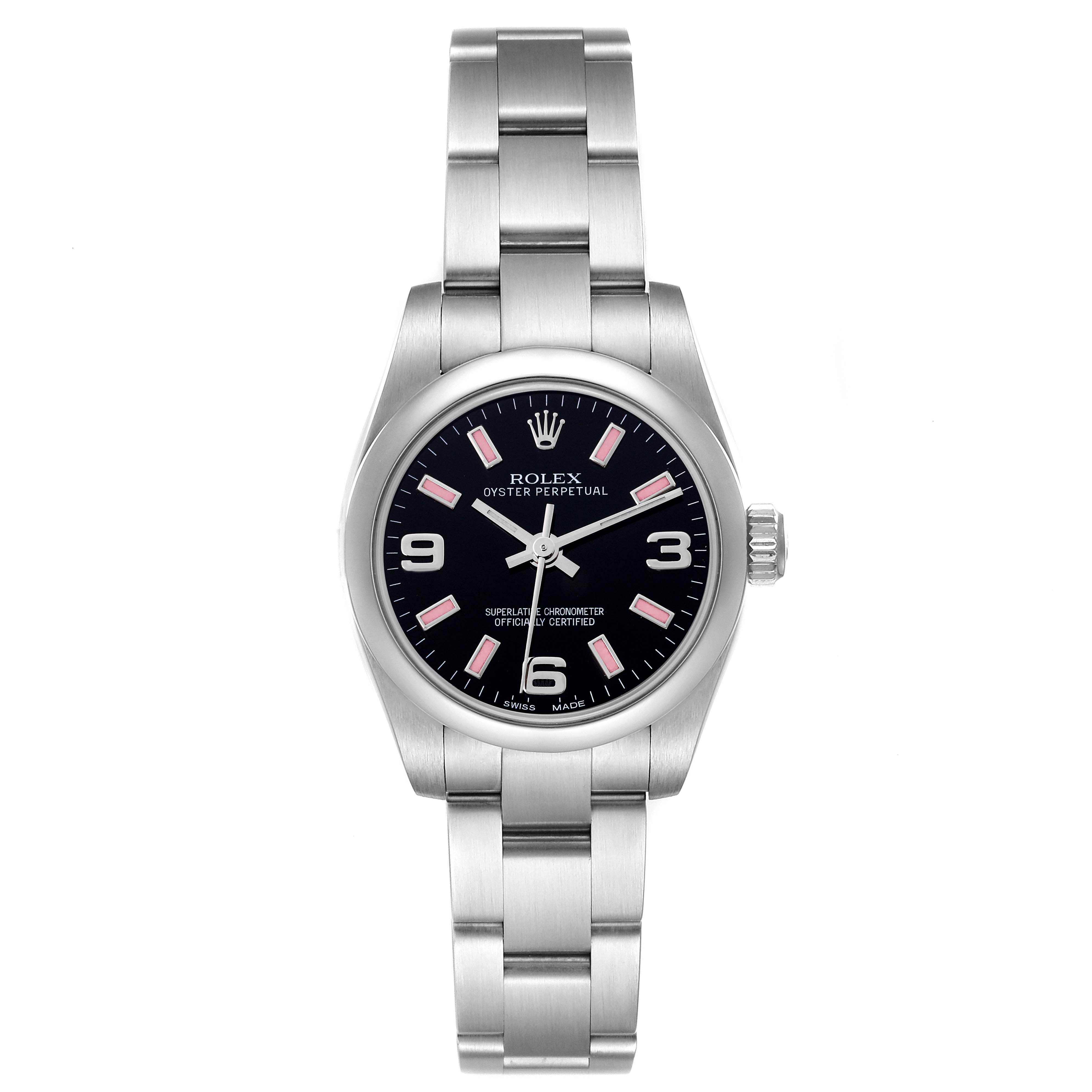 The Rolex Oyster Perpetual 176200 Women's Stainless Steel Black Dial 176200 Women's Stainless Steel Black Dial watch is shown from a front angle, displaying the face, bezel, and bracelet.