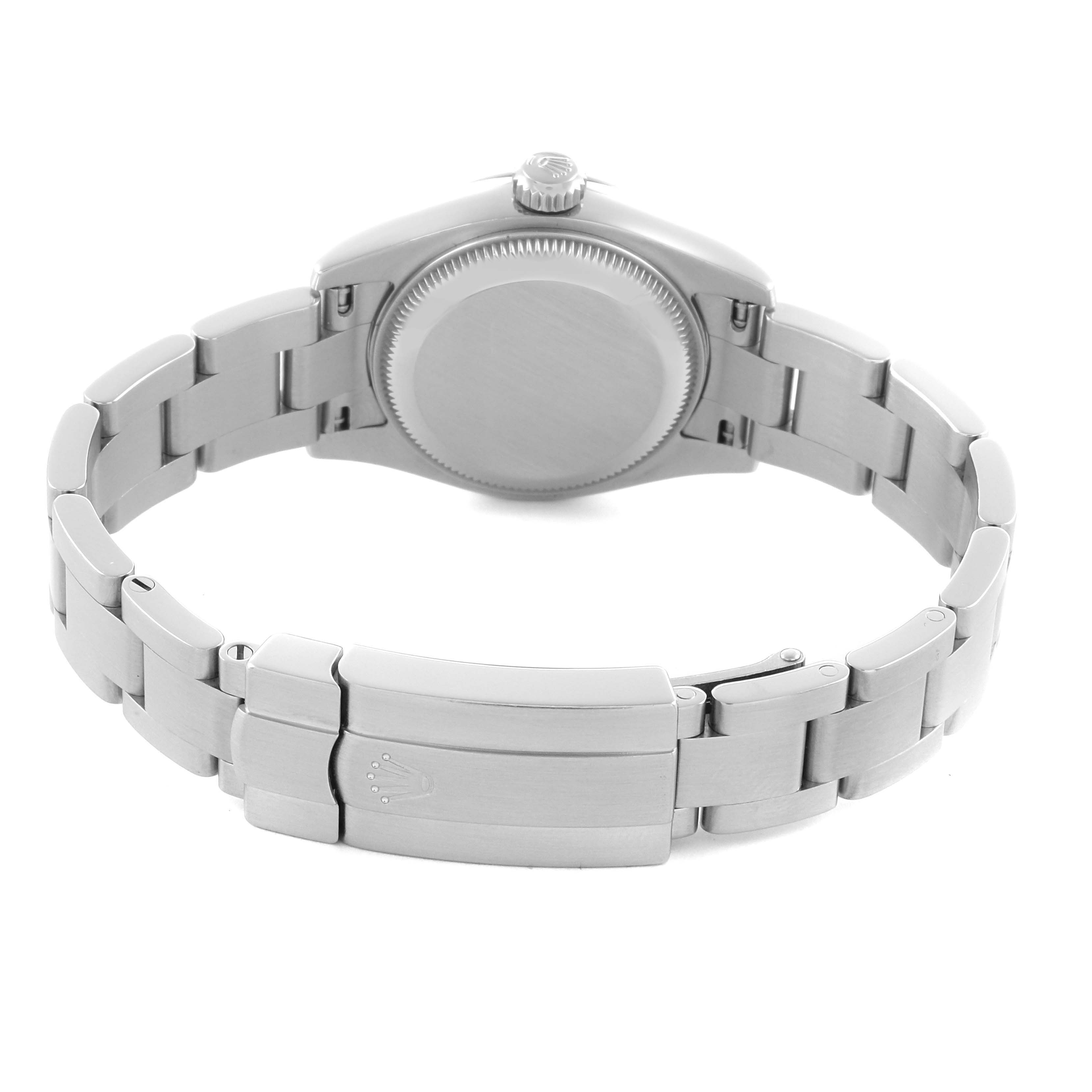 The image shows the back case, bracelet, and clasp of a Rolex Oyster Perpetual 176200 Women's Stainless Steel Black Dial 176200 Women's Stainless Steel Black Dial watch from a rear angle.