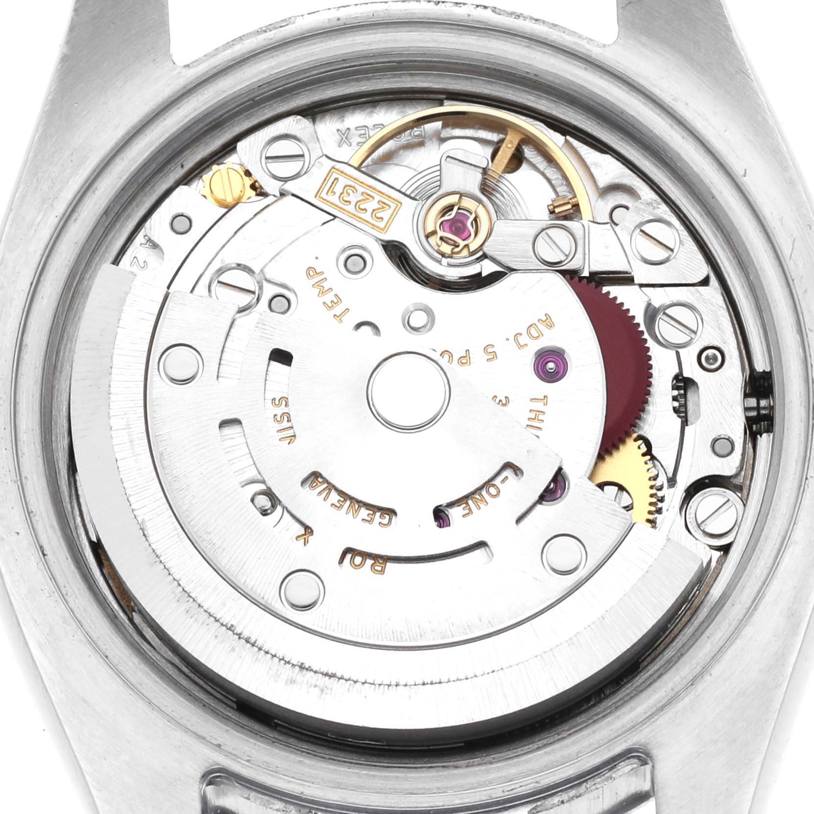 The image shows the back view of a Rolex Oyster Perpetual 176200 Women's Stainless Steel Black Dial 176200 Women's Stainless Steel Black Dial, displaying its internal movement and components.