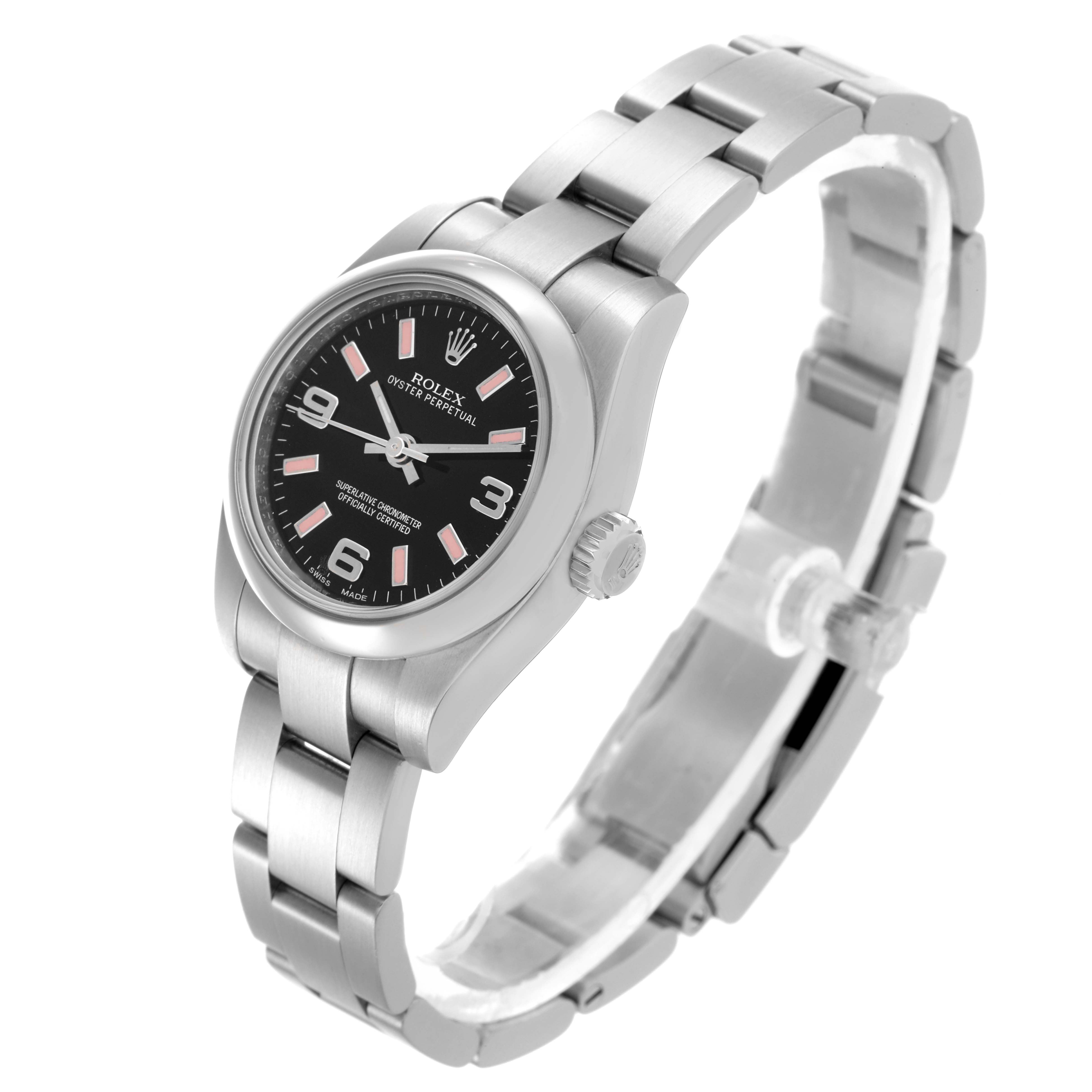 The Rolex Oyster Perpetual 176200 Women's Stainless Steel Black Dial 176200 Women's Stainless Steel Black Dial is shown at a three-quarter angle, highlighting the watch face, bracelet, and crown.