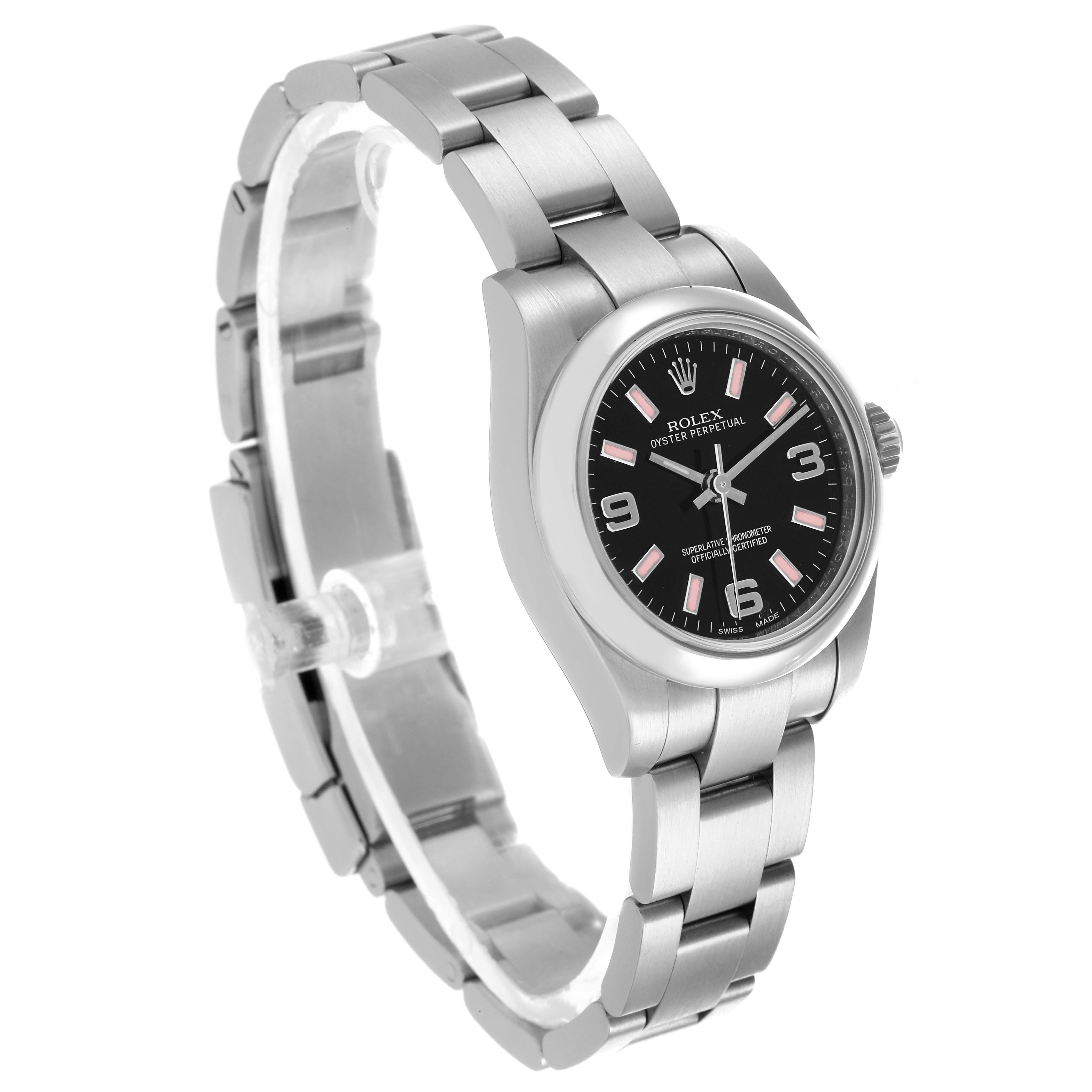 The Rolex Oyster Perpetual 176200 Women's Stainless Steel Black Dial 176200 Women's Stainless Steel Black Dial is shown at a three-quarter angle, highlighting the face, bezel, crown, and bracelet links.