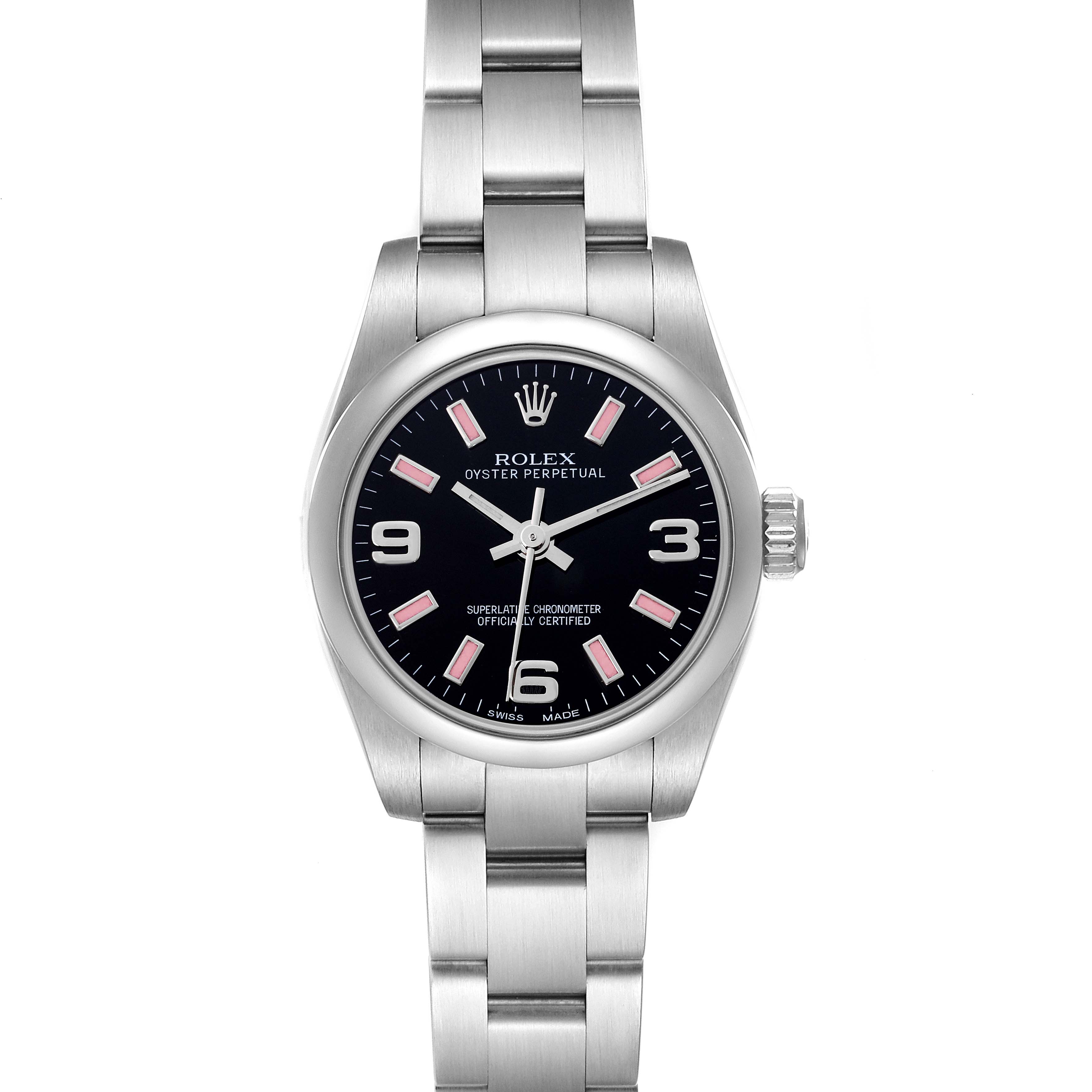 The Rolex Oyster Perpetual 176200 Women's Stainless Steel Black Dial 176200 Women's Stainless Steel Black Dial watch is shown from a front view, highlighting the dial, bezel, and bracelet.