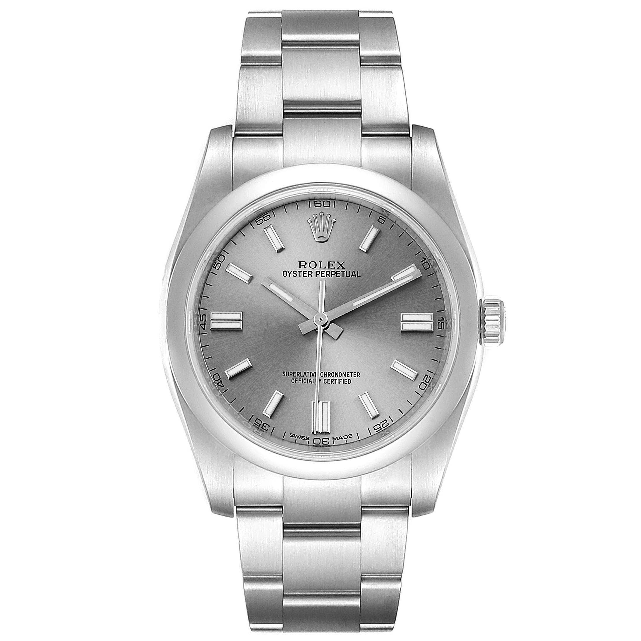 The image shows a front view of a Rolex Oyster Perpetual 116000 Men's Stainless Steel Grey Dial 116000 Men's Stainless Steel Grey Dial watch, displaying the face, bezel, and part of the bracelet.