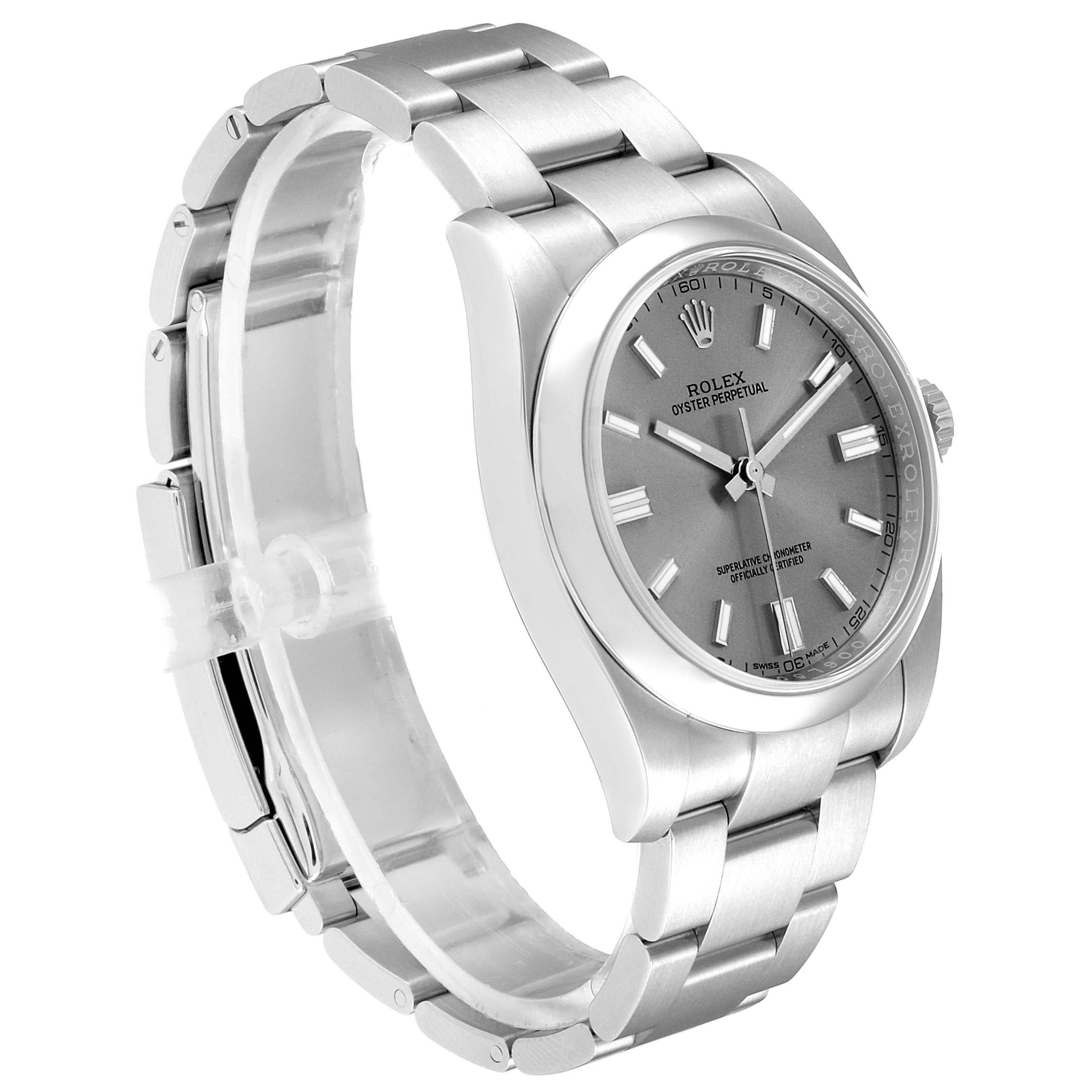 This image displays a Rolex Oyster Perpetual 116000 Men's Stainless Steel Grey Dial 116000 Men's Stainless Steel Grey Dial watch from a side angle, highlighting the case, dial, and bracelet.