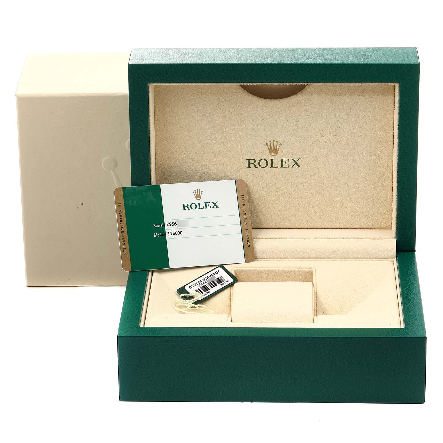 The image shows the open box, warranty card, and hang tag for a Rolex Oyster Perpetual 116000 Men's Stainless Steel Grey Dial 116000 Men's Stainless Steel Grey Dial model, viewed from the front.