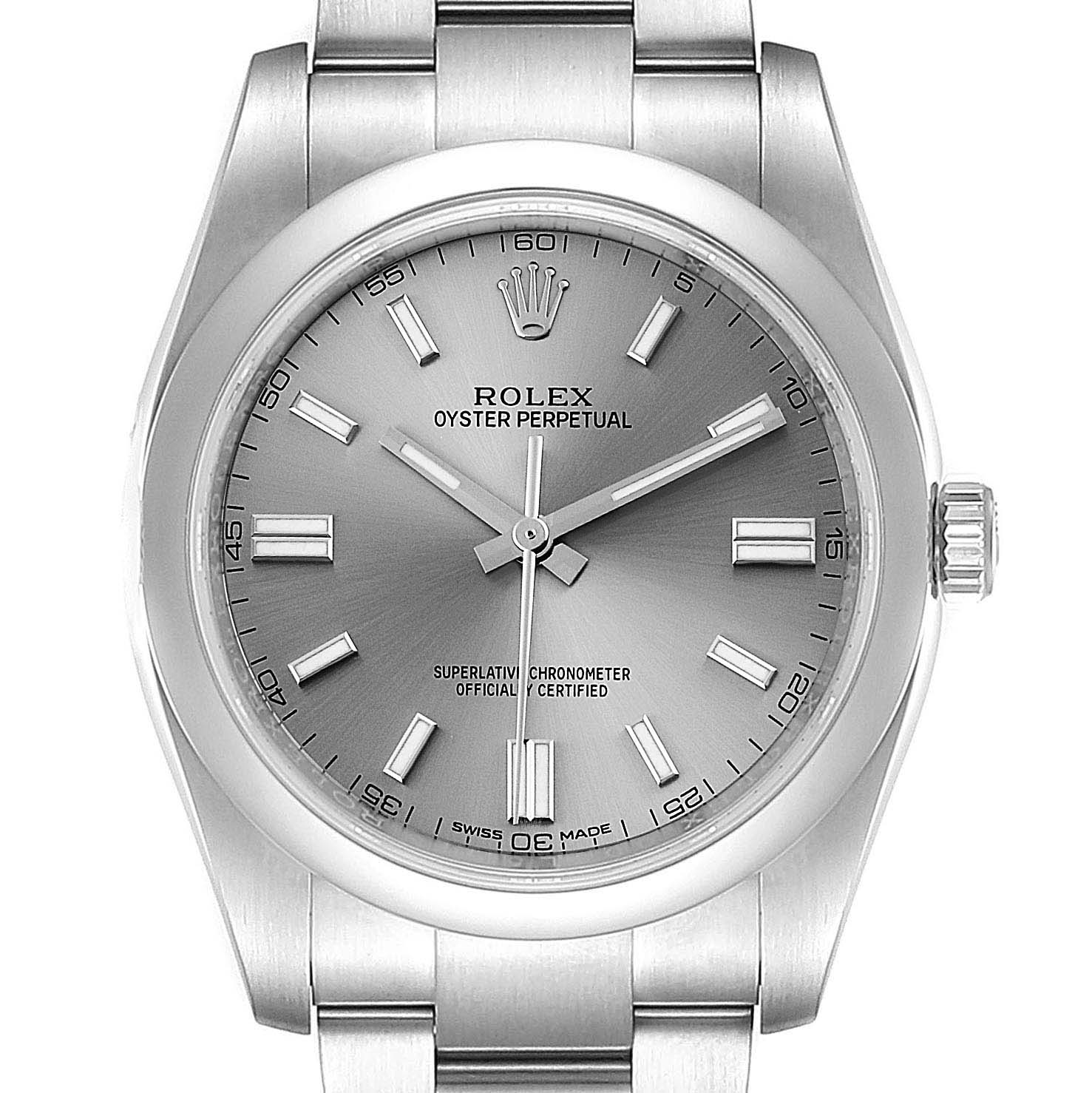 The image shows a front view of the Rolex Oyster Perpetual 116000 Men's Stainless Steel Grey Dial 116000 Men's Stainless Steel Grey Dial watch, highlighting its dial, hands, markers, and part of the bracelet.