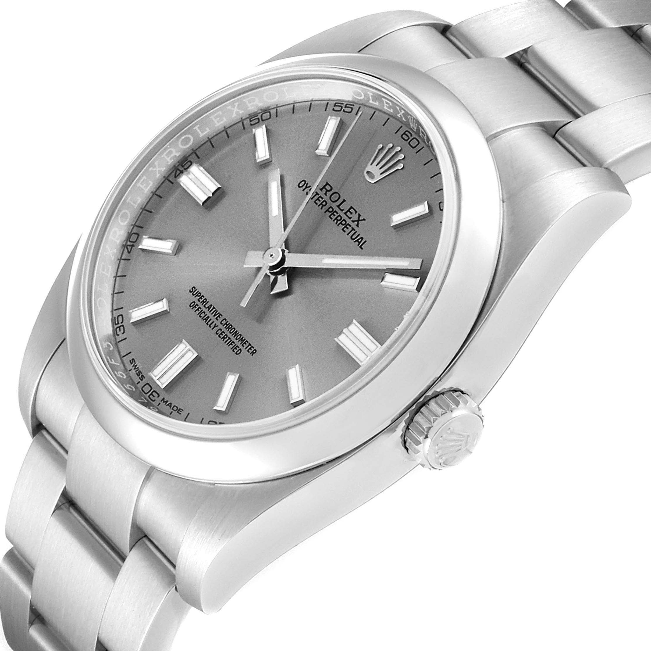 This image shows a close-up, angled view of the Rolex Oyster Perpetual 116000 Men's Stainless Steel Grey Dial 116000 Men's Stainless Steel Grey Dial watch, highlighting the dial, bezel, crown, and part of the bracelet.