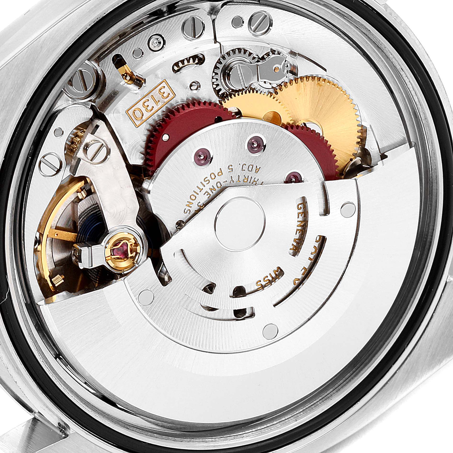 This image shows the internal mechanism of the Rolex Oyster Perpetual 116000 Men's Stainless Steel Grey Dial 116000 Men's Stainless Steel Grey Dial watch, captured from the back.