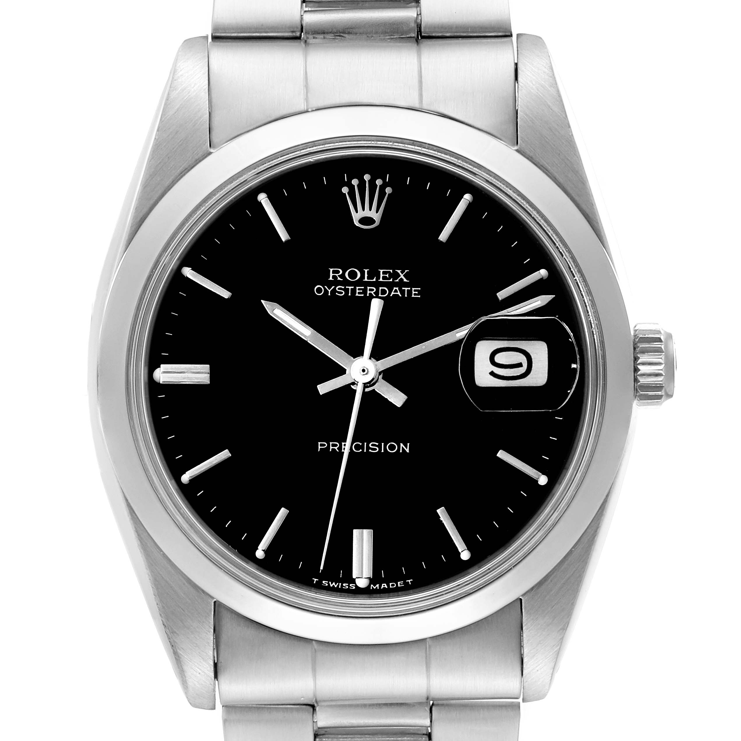 The image shows a front-facing view of a Rolex Vintage Collection 6694 Men's Stainless Steel Black Dial 6694 Men's Stainless Steel Black Dial model featuring the Rolex Oysterdate with a black dial.