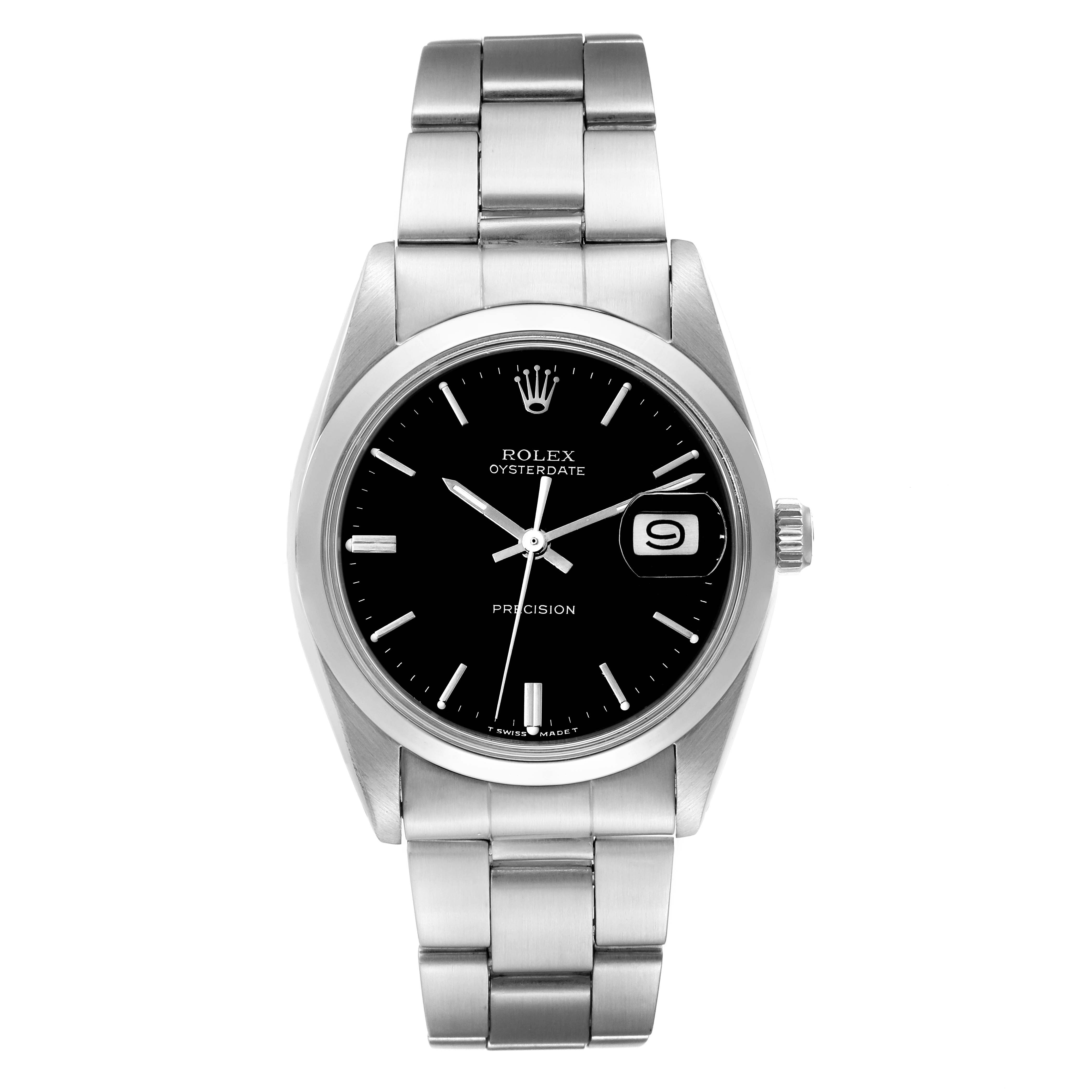 The image shows a front view of a Vintage Collection Rolex Oysterdate watch with a black dial and metal bracelet.
