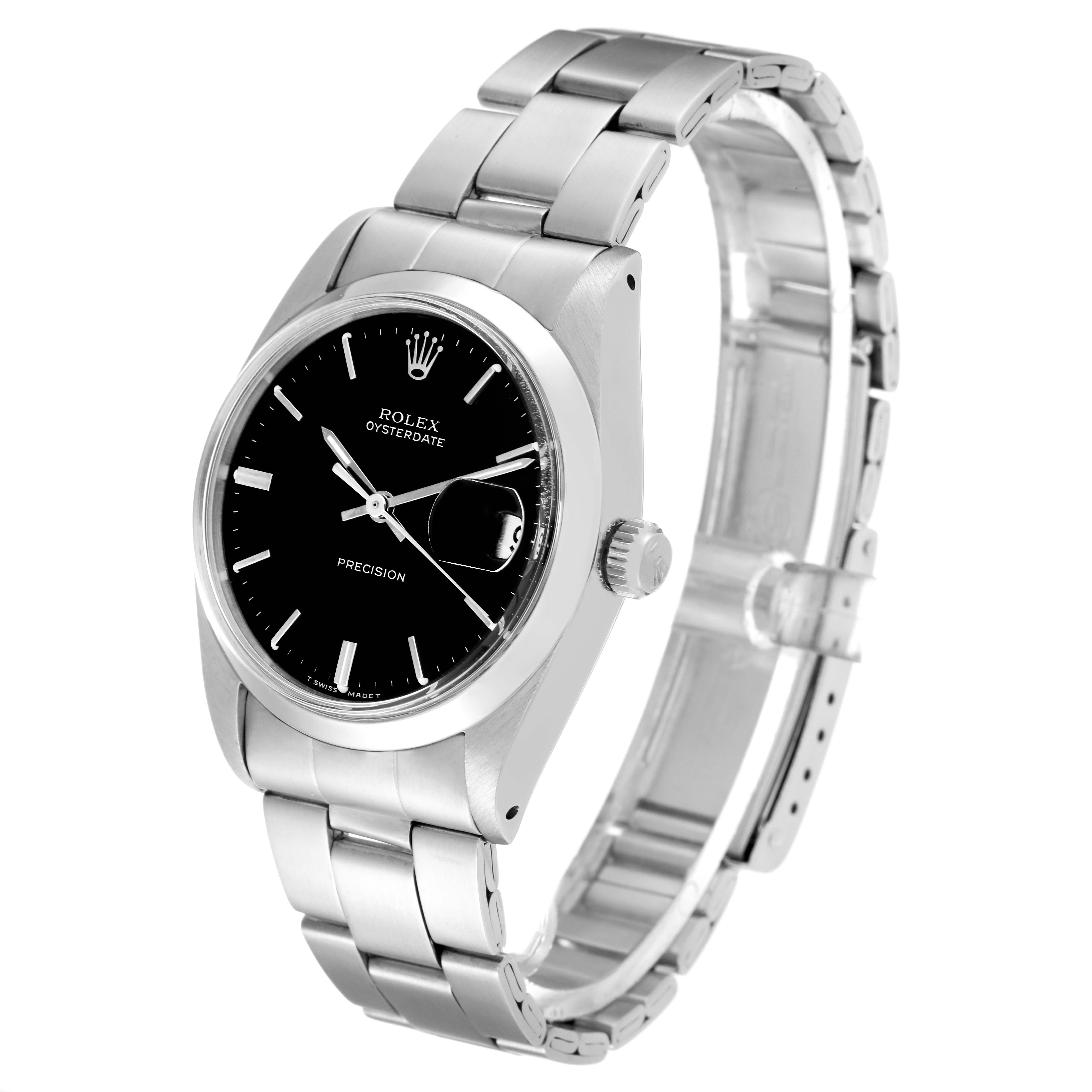 This image shows a side angle of the Rolex Vintage Collection 6694 Men's Stainless Steel Black Dial 6694 Men's Stainless Steel Black Dial watch, displaying the face, bezel, crown, and full bracelet.