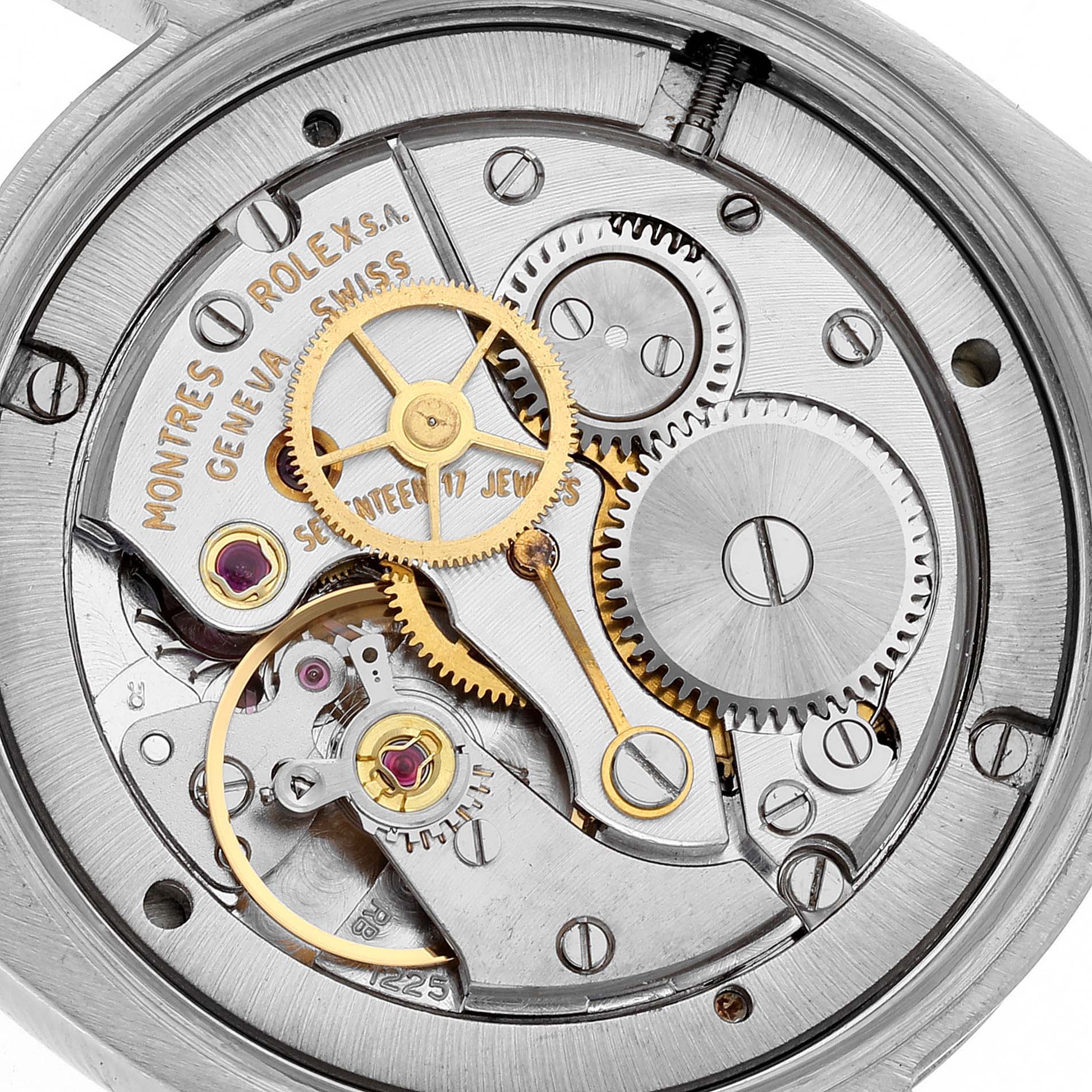 This image shows the internal mechanical movement of a Vintage Collection Rolex watch, viewed from the back.