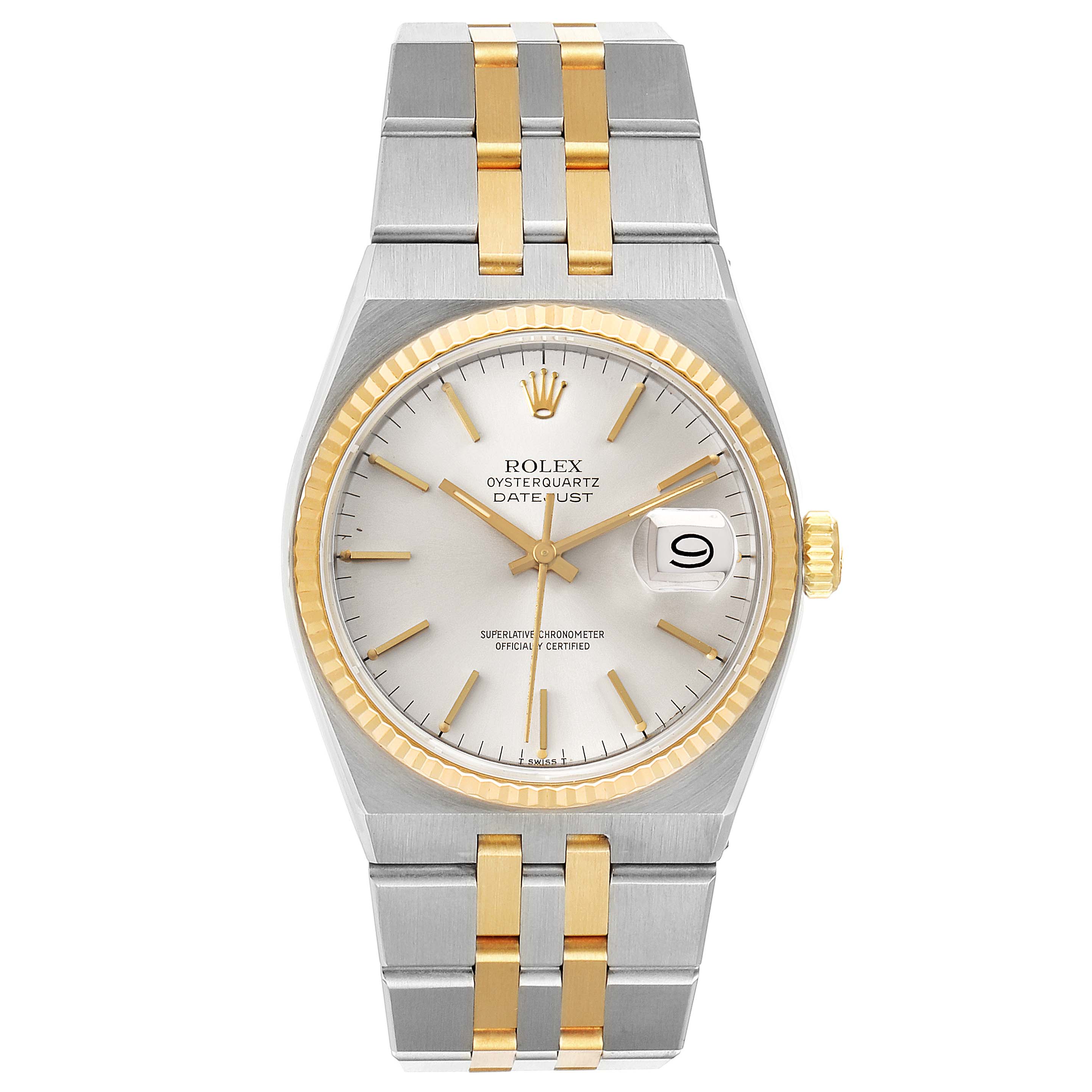 The image shows a front view of the Rolex Oysterquartz 17013 Men's Steel and Gold (two tone) Silver Dial 17013 Men's Steel and Gold (two tone) Silver Dial Datejust, displaying its dial, bezel, and bracelet.