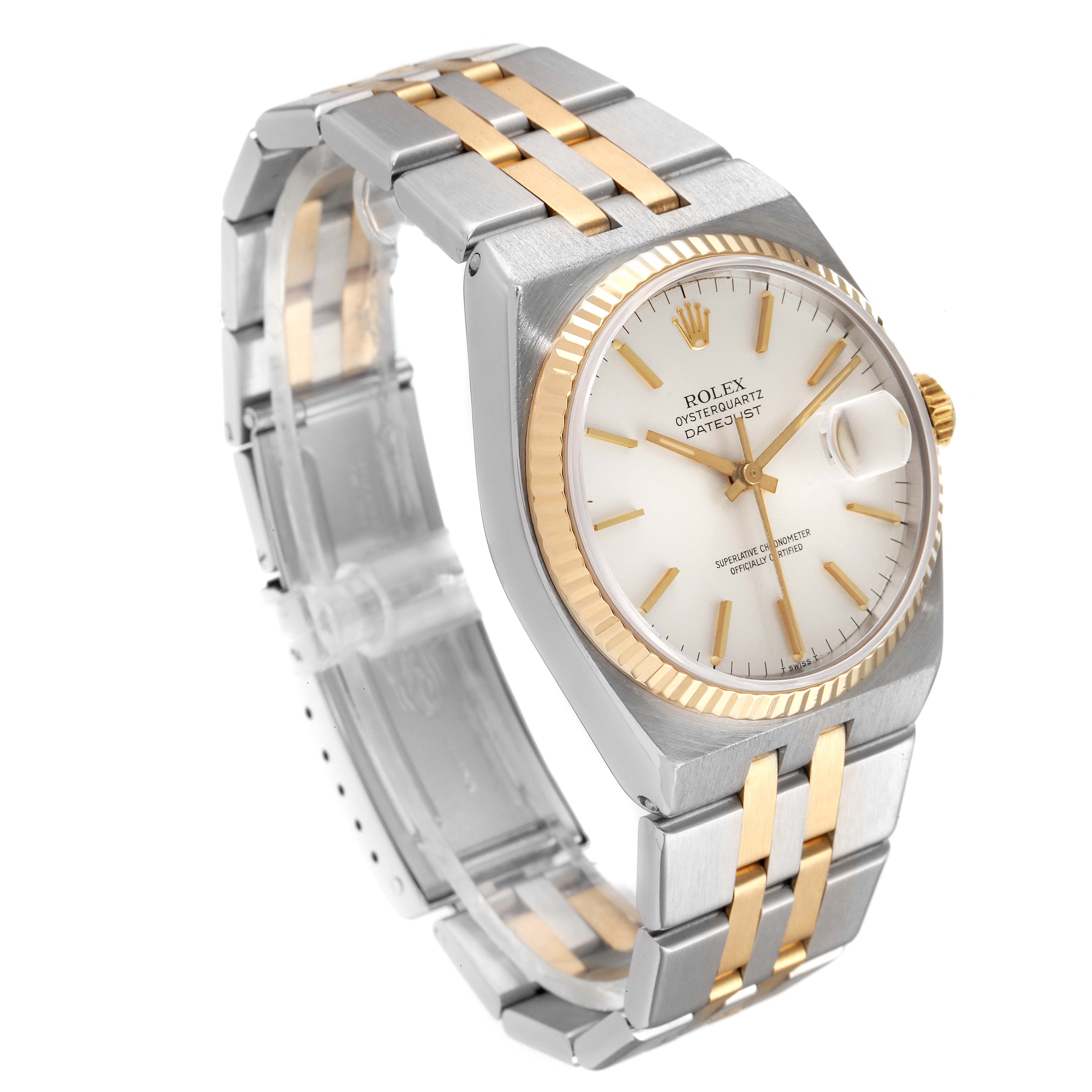 The Rolex Oysterquartz 17013 Men's Steel and Gold (two tone) Silver Dial 17013 Men's Steel and Gold (two tone) Silver Dial watch is shown at an angle displaying the face, bezel, bracelet, and crown.