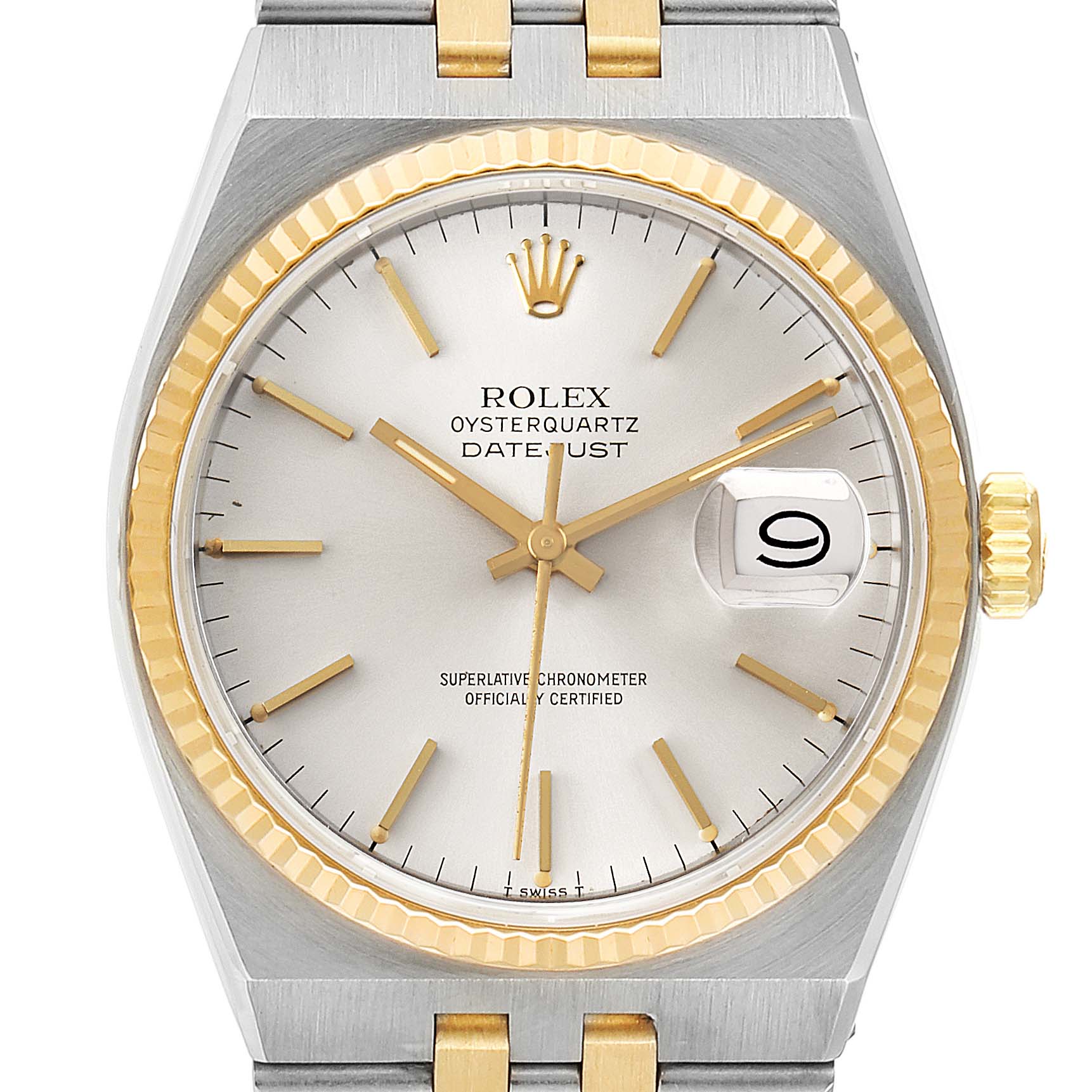 The image shows a frontal view of a Rolex Oysterquartz 17013 Men's Steel and Gold (two tone) Silver Dial 17013 Men's Steel and Gold (two tone) Silver Dial Datejust, highlighting the dial, hands, crown, bezel, and part of the bracelet.