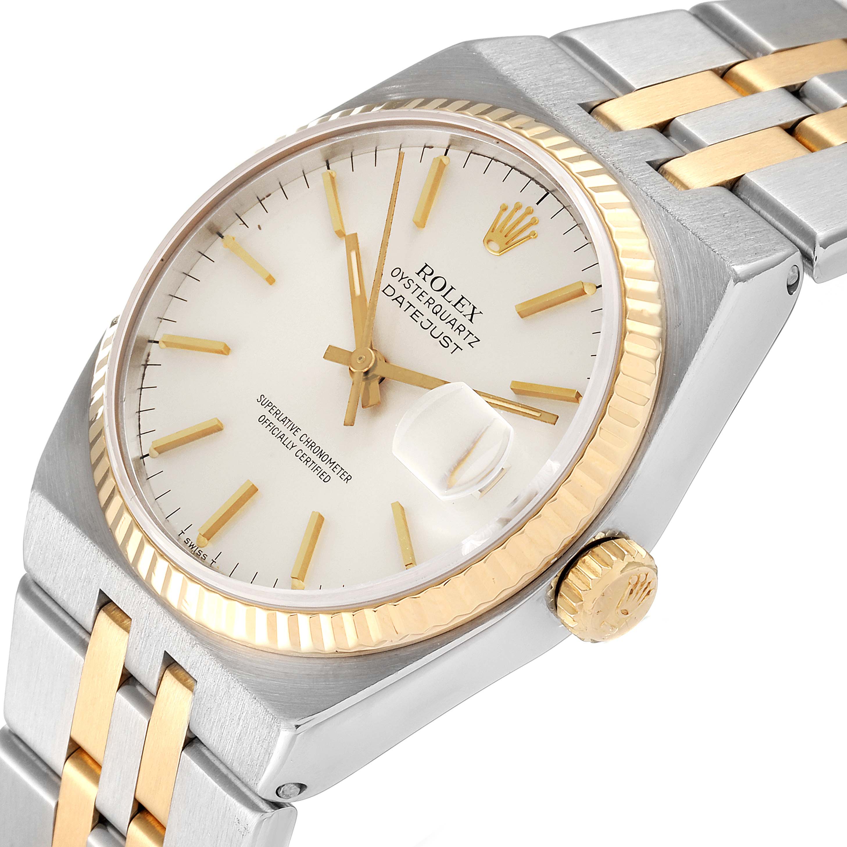 The image shows a close-up side angle of the Rolex Oysterquartz 17013 Men's Steel and Gold (two tone) Silver Dial 17013 Men's Steel and Gold (two tone) Silver Dial Datejust watch, highlighting the dial, crown, and two-tone bracelet.