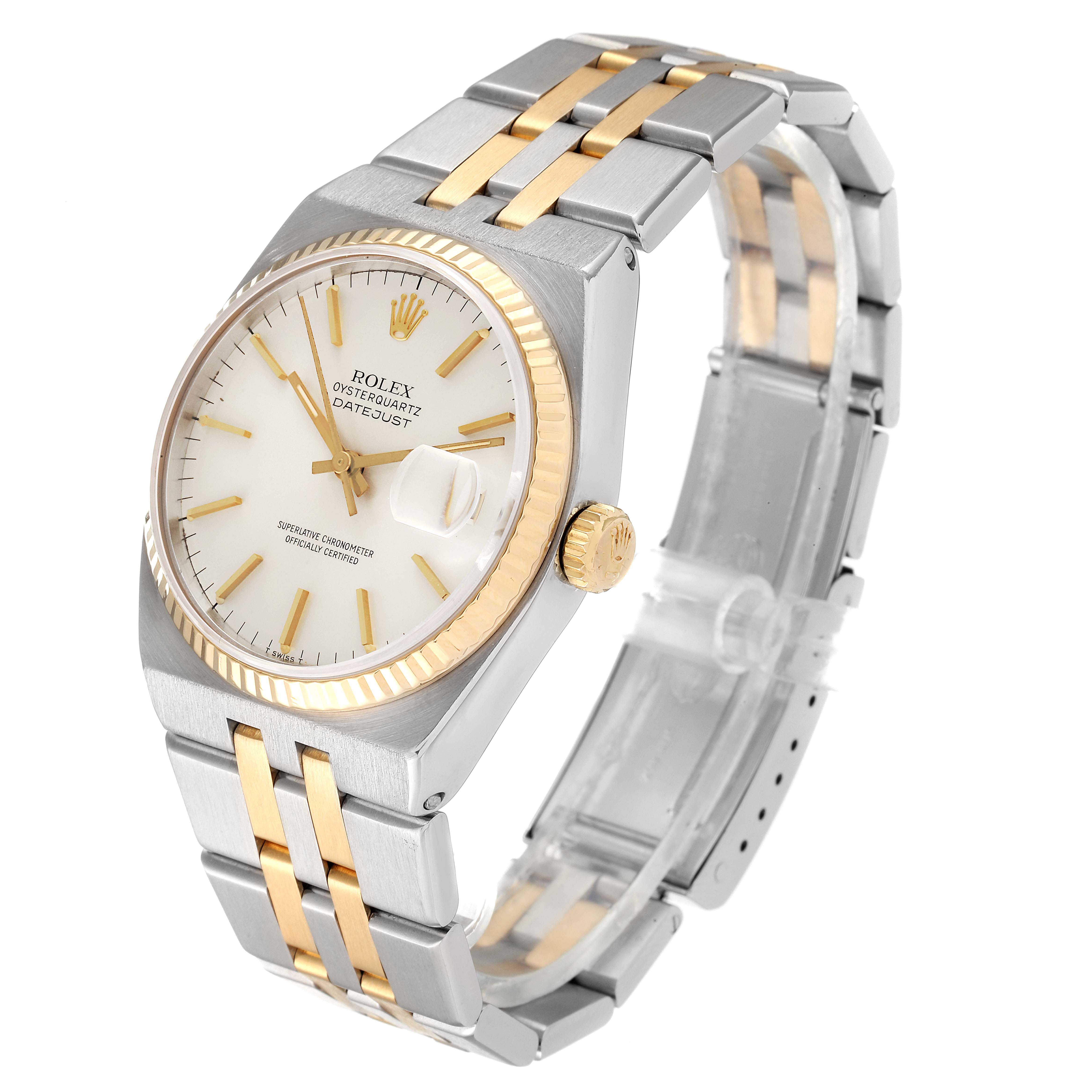 The Rolex Oysterquartz 17013 Men's Steel and Gold (two tone) Silver Dial 17013 Men's Steel and Gold (two tone) Silver Dial watch is shown at a three-quarter angle, displaying the dial, bezel, crown, and two-tone bracelet.