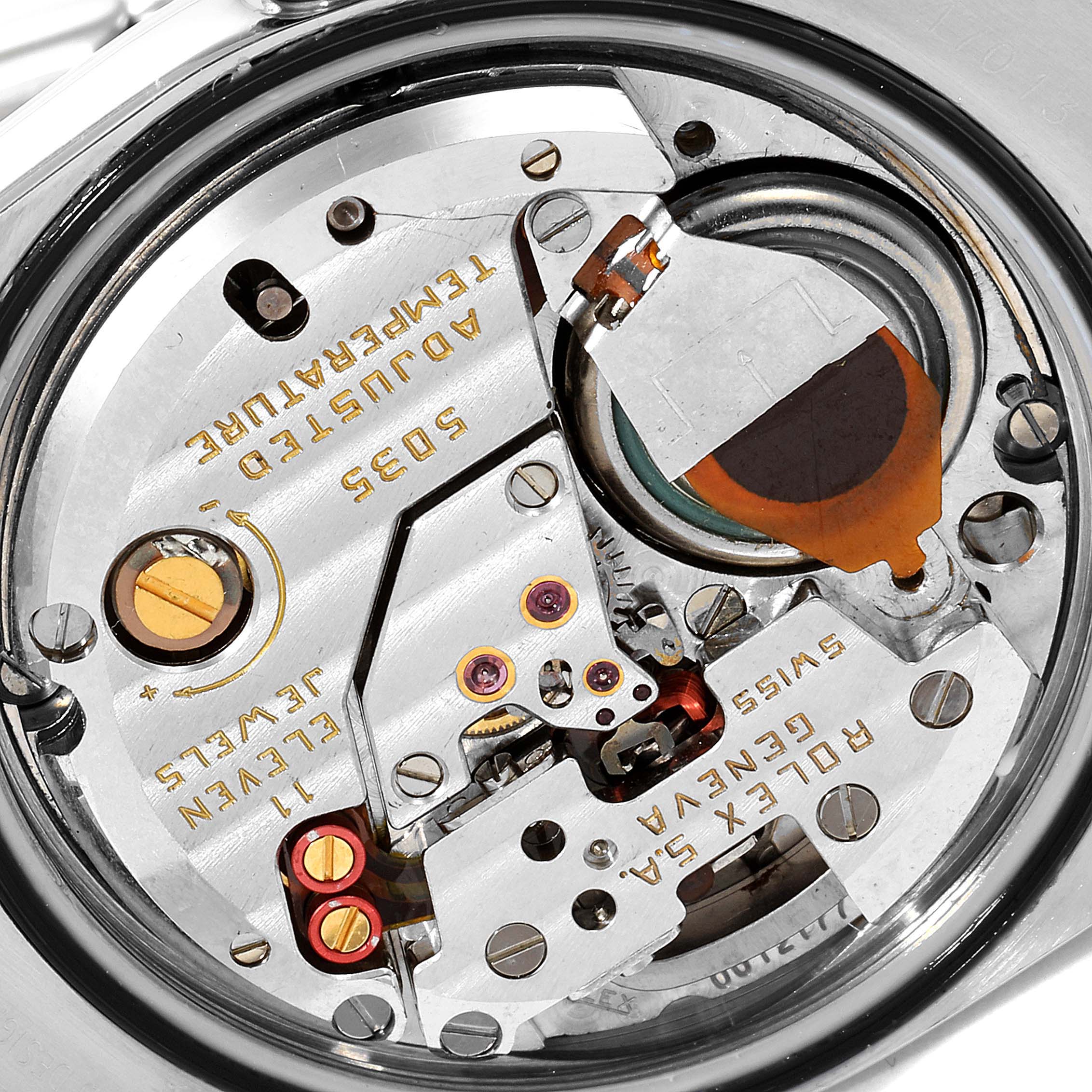 This image shows a close-up view of the internal mechanism of a Rolex Oysterquartz 17013 Men's Steel and Gold (two tone) Silver Dial 17013 Men's Steel and Gold (two tone) Silver Dial watch model.