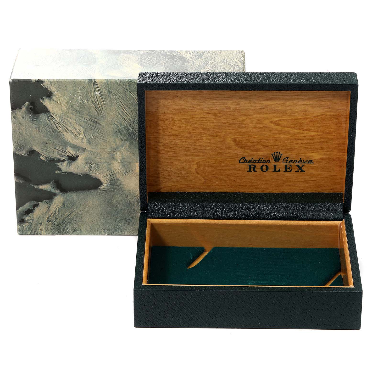 The image shows an open wooden box with "Création Genève Rolex" written inside, presumably for the Rolex Oysterquartz 17013 Men's Steel and Gold (two tone) Champagne Dial 17013 Men's Steel and Gold (two tone) Champagne Dial model.