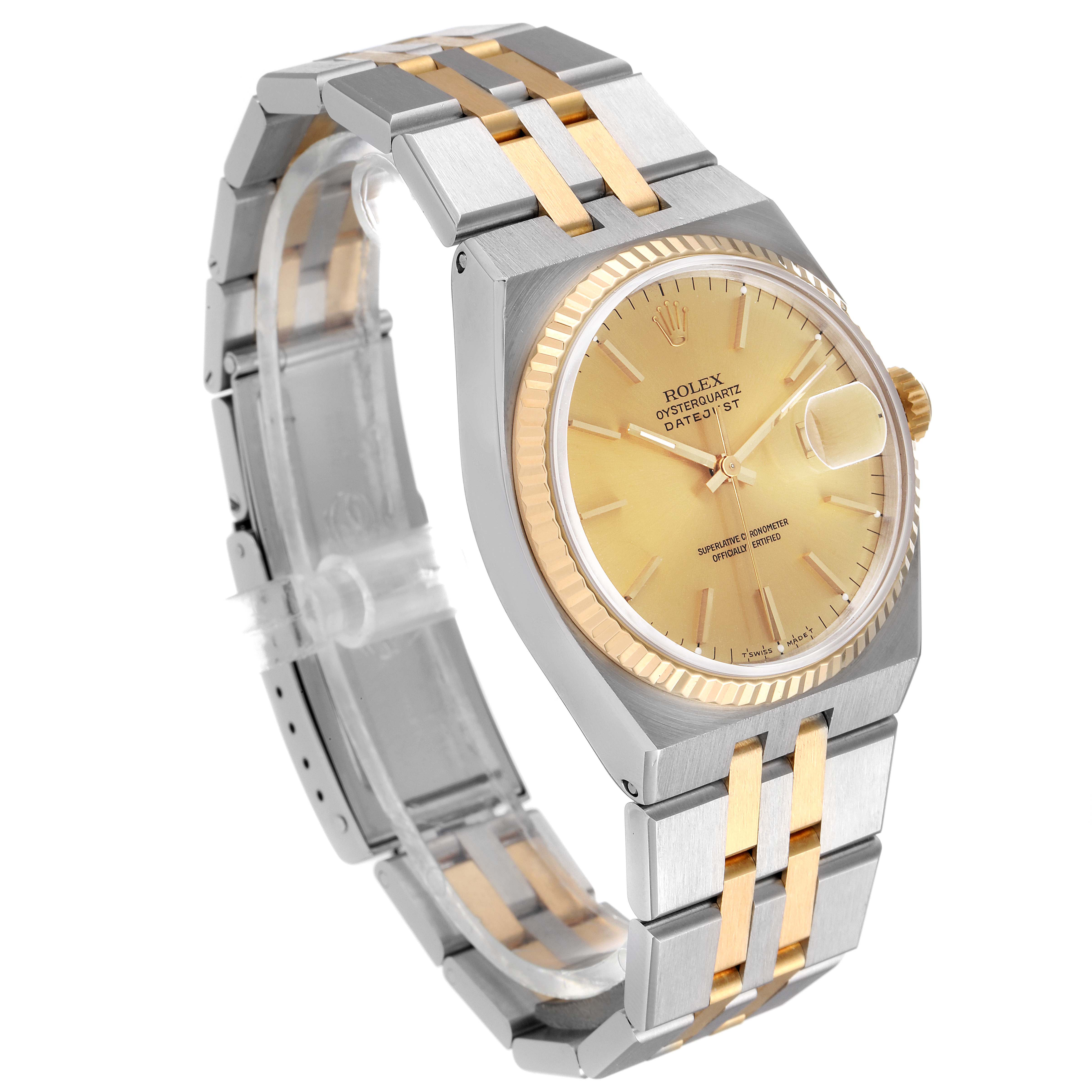 The image shows a Rolex Oysterquartz 17013 Men's Steel and Gold (two tone) Champagne Dial 17013 Men's Steel and Gold (two tone) Champagne Dial watch, angled to display its face, bezel, and bi-metal bracelet.