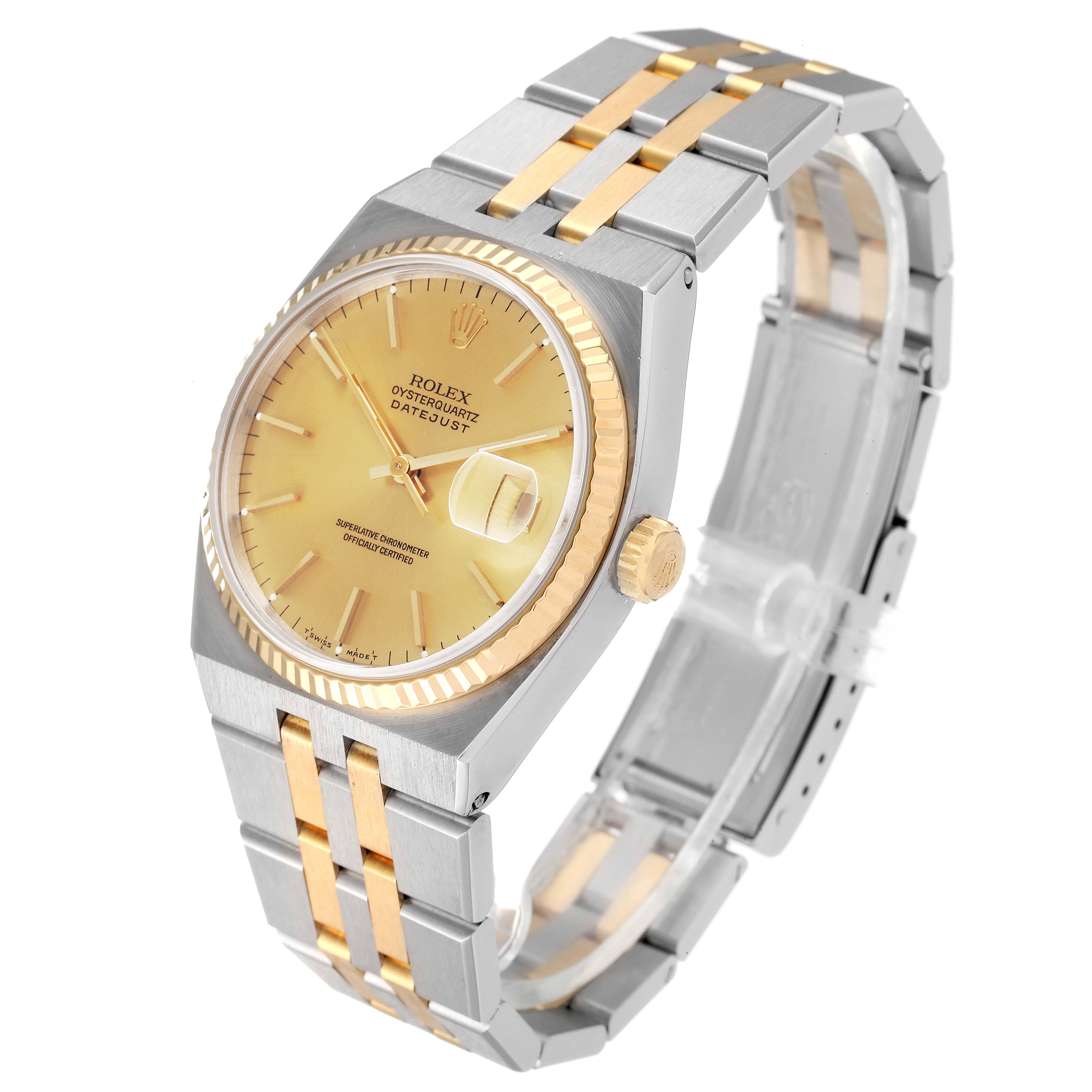 The image shows a Rolex Oysterquartz 17013 Men's Steel and Gold (two tone) Champagne Dial 17013 Men's Steel and Gold (two tone) Champagne Dial watch at an angled view, highlighting the gold dial, crown, and two-tone bracelet.