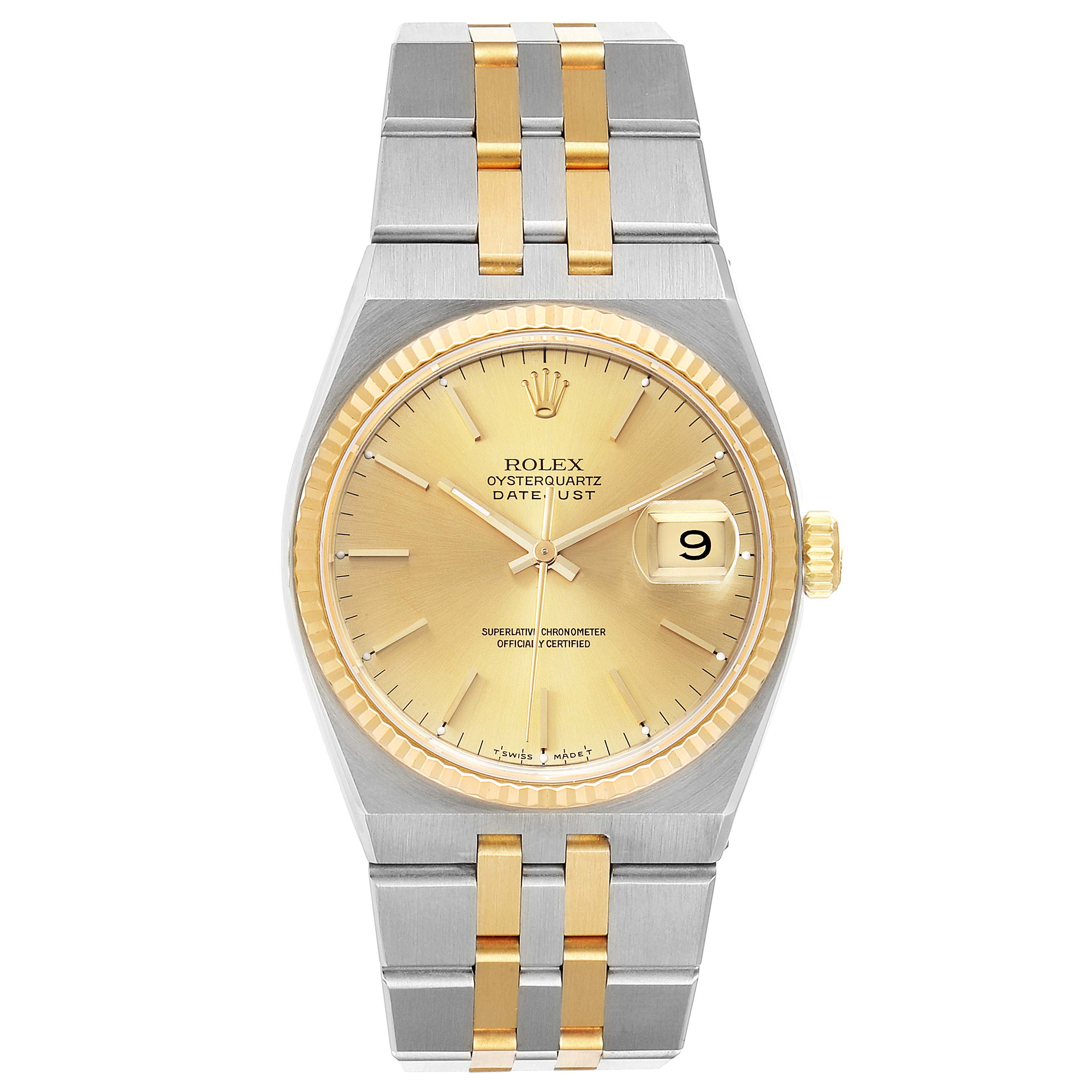 The Rolex Oysterquartz 17013 Men's Steel and Gold (two tone) Champagne Dial 17013 Men's Steel and Gold (two tone) Champagne Dial watch is shown from a front angle, highlighting its face, bezel, crown, and integrated bracelet.