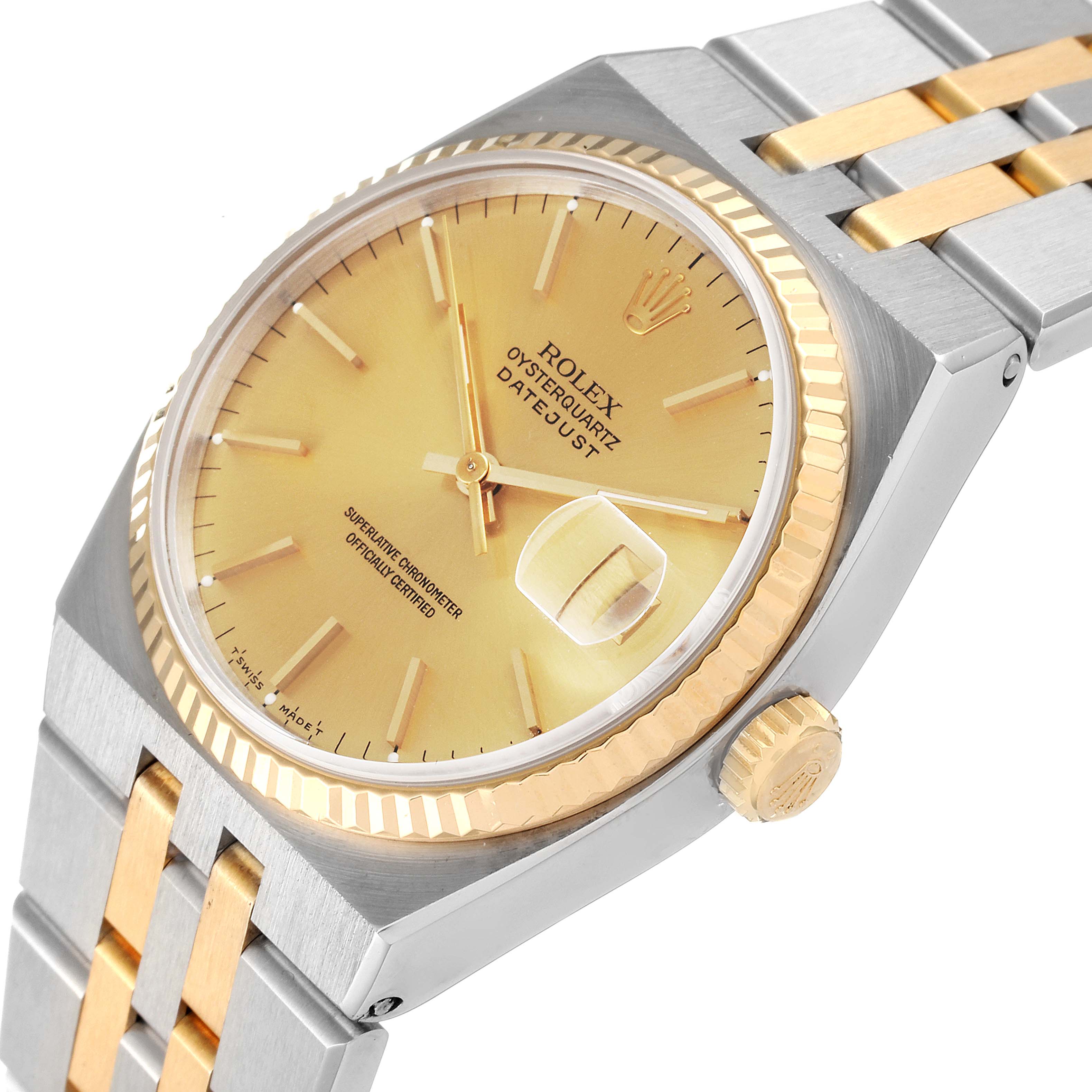 This image shows a close-up angle of the Rolex Oysterquartz 17013 Men's Steel and Gold (two tone) Champagne Dial 17013 Men's Steel and Gold (two tone) Champagne Dial Datejust watch, highlighting its dial, bezel, crown, and part of the bracelet.