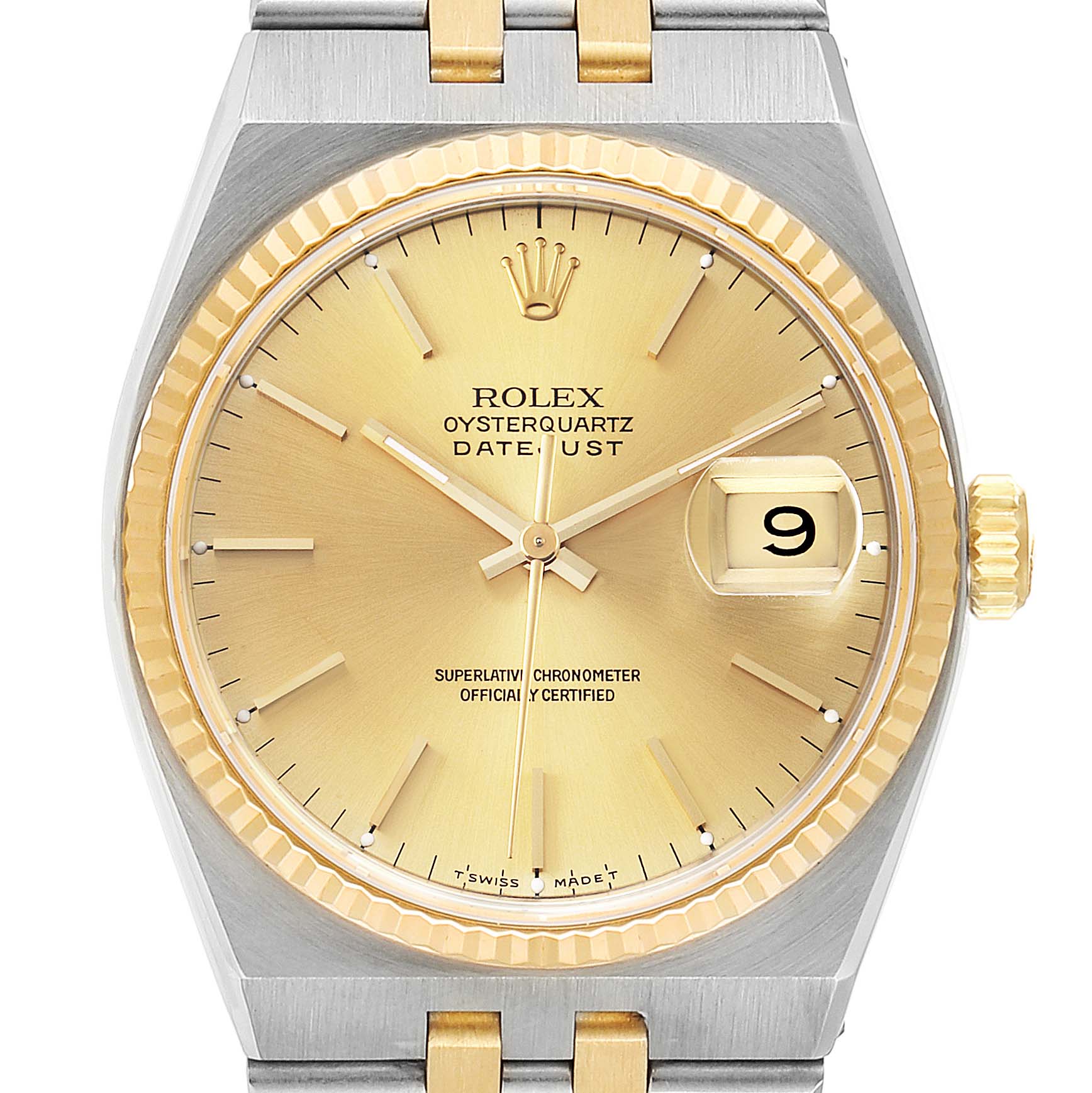 The Rolex Oysterquartz 17013 Men's Steel and Gold (two tone) Champagne Dial 17013 Men's Steel and Gold (two tone) Champagne Dial watch is shown from a front angle, displaying its gold dial, fluted bezel, and date window.