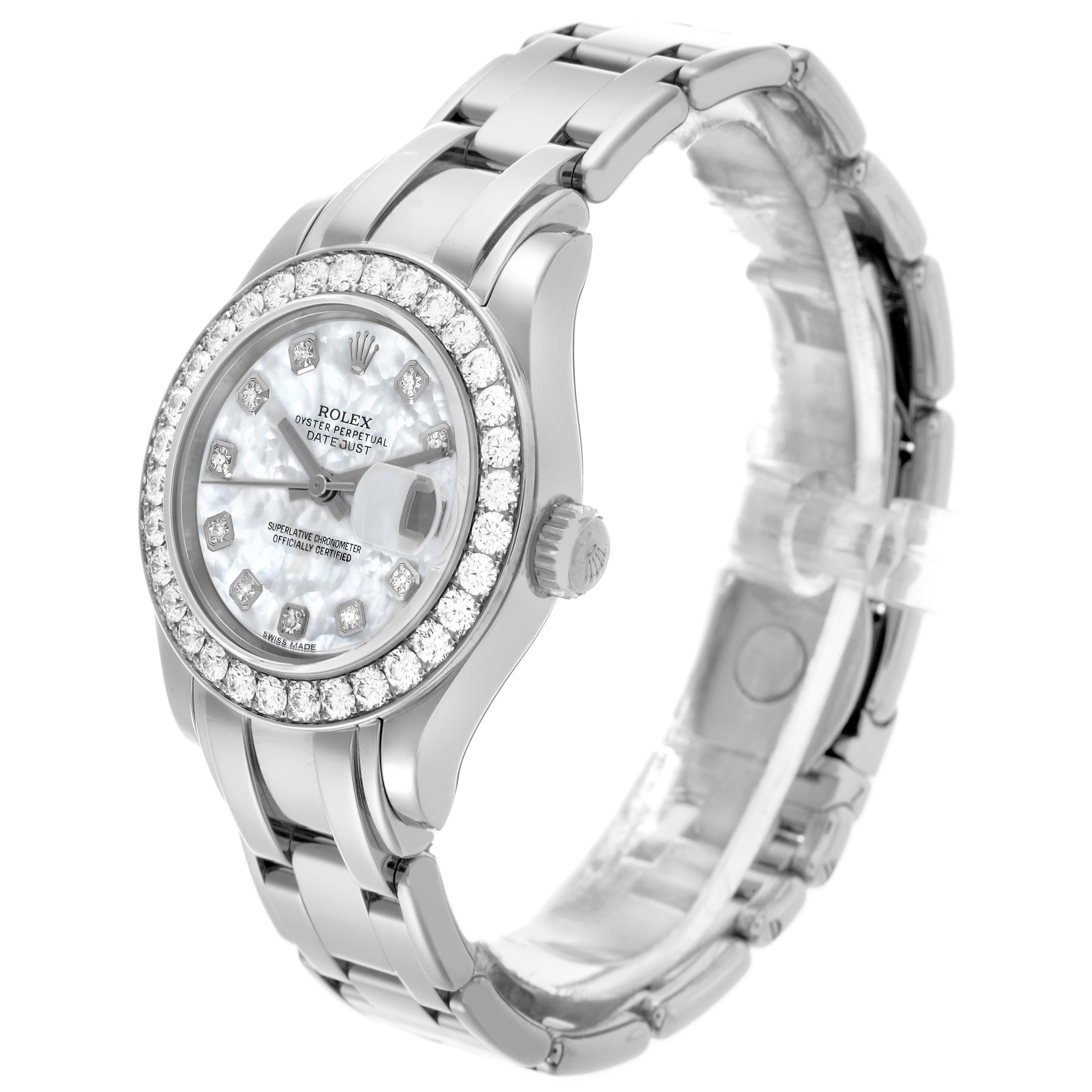 The Rolex Pearlmaster 80299 Women's White Gold Mother of Pearl Dial 80299 Women's White Gold Mother of Pearl Dial watch is shown at an angle highlighting the face, bezel, and part of the bracelet.