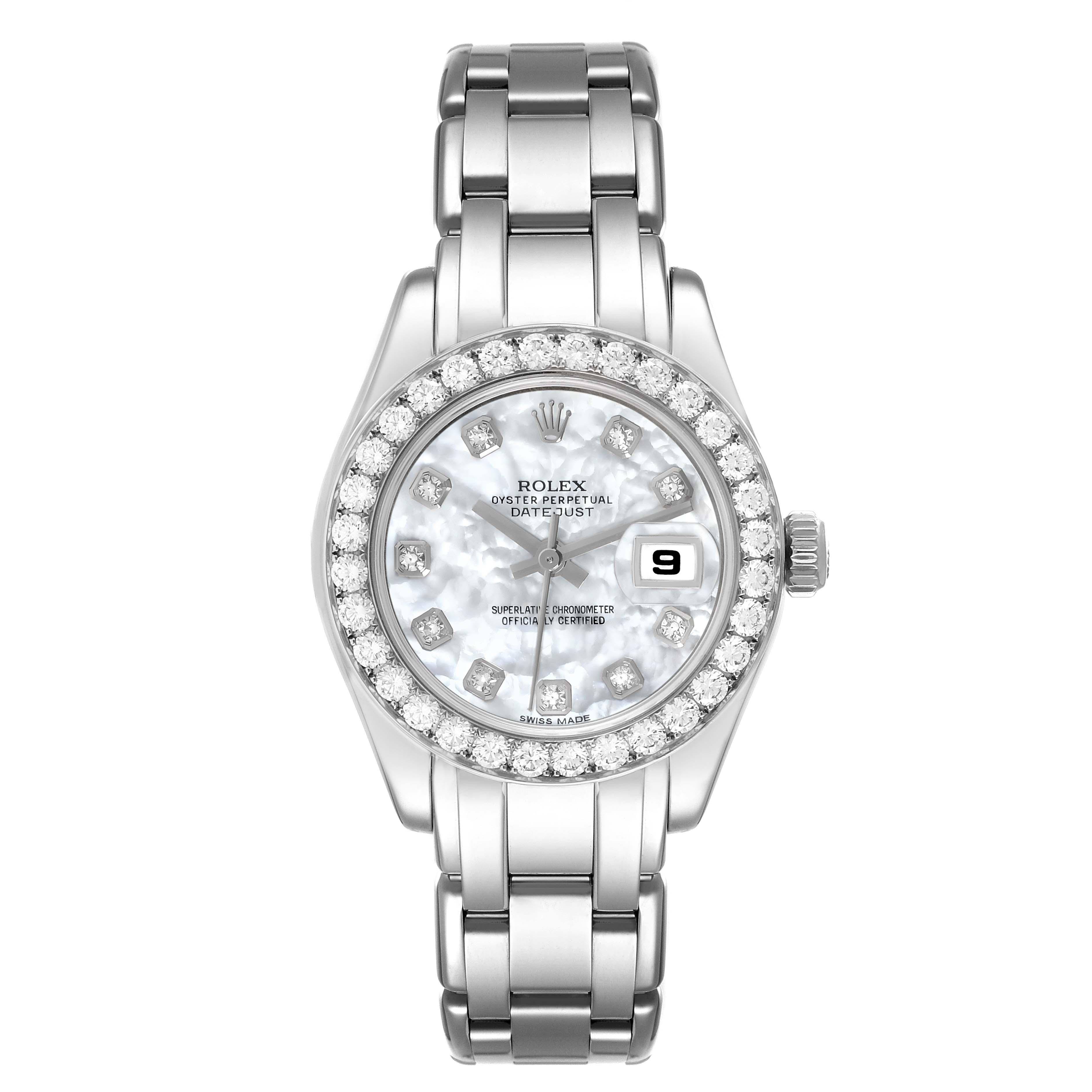 The Rolex Pearlmaster 80299 Women's White Gold Mother of Pearl Dial 80299 Women's White Gold Mother of Pearl Dial watch is shown from a top-down angle, displaying its bracelet, bezel, and dial.
