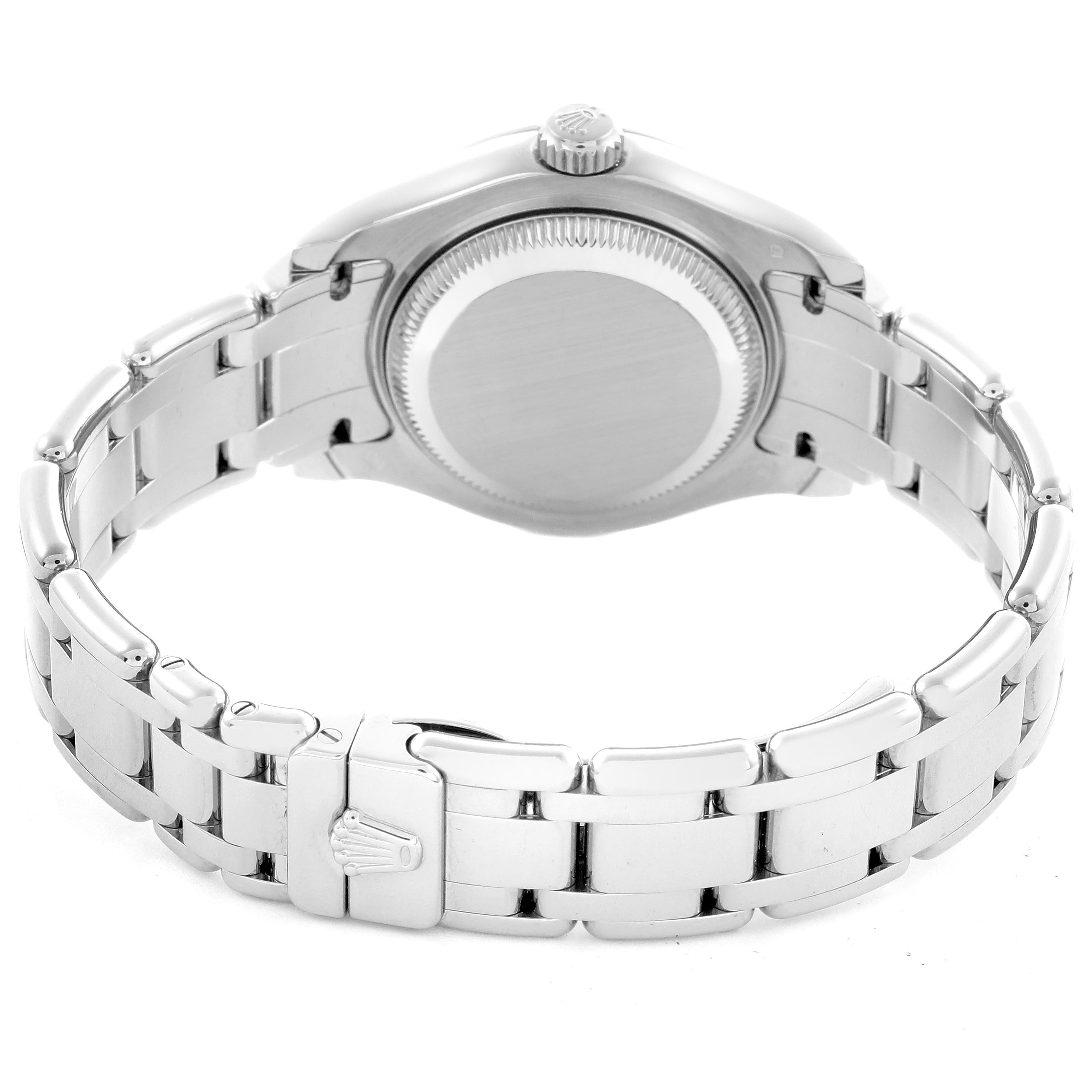 The image shows the back view of a Rolex Pearlmaster 80299 Women's White Gold Mother of Pearl Dial 80299 Women's White Gold Mother of Pearl Dial watch, highlighting the case back and bracelet with the crown logo on the clasp.