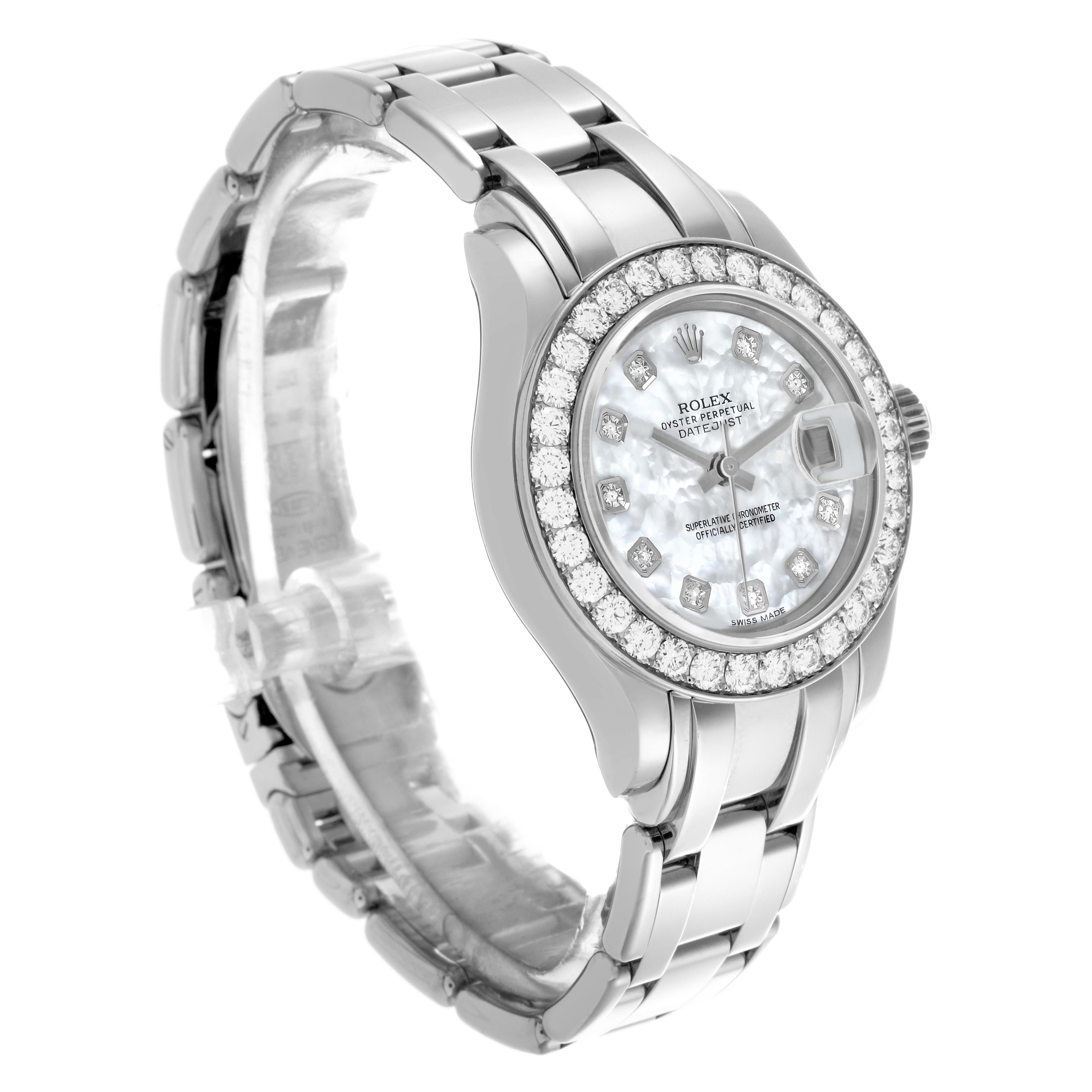 The Rolex Pearlmaster 80299 Women's White Gold Mother of Pearl Dial 80299 Women's White Gold Mother of Pearl Dial watch is shown at an angled side view, highlighting the bracelet and diamond-set bezel.