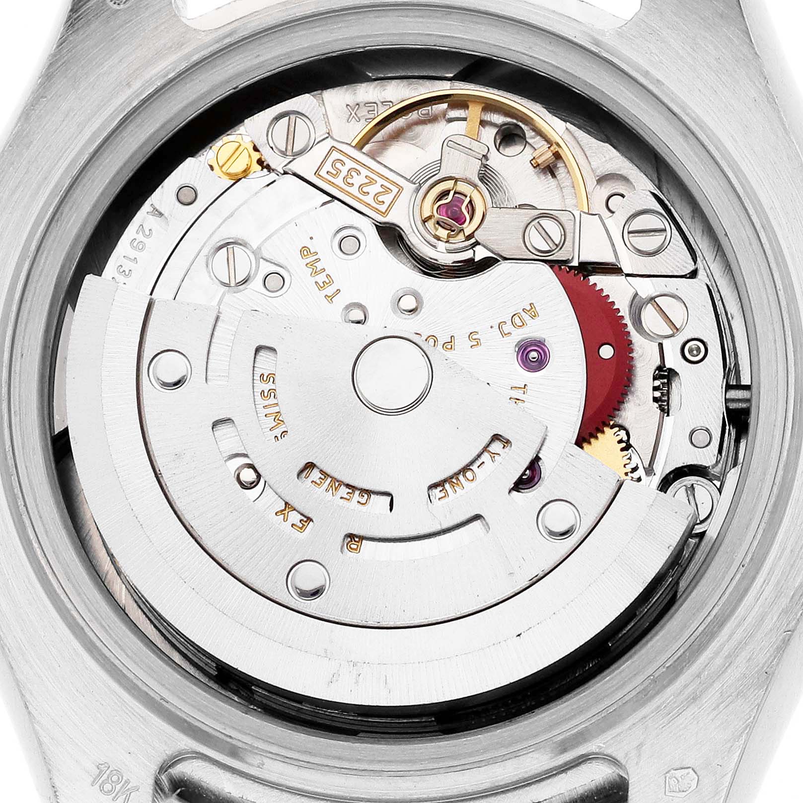 The image shows the inner mechanism of a Rolex Pearlmaster 80299 Women's White Gold Mother of Pearl Dial 80299 Women's White Gold Mother of Pearl Dial watch from a top-down angle, highlighting gears and the rotor.
