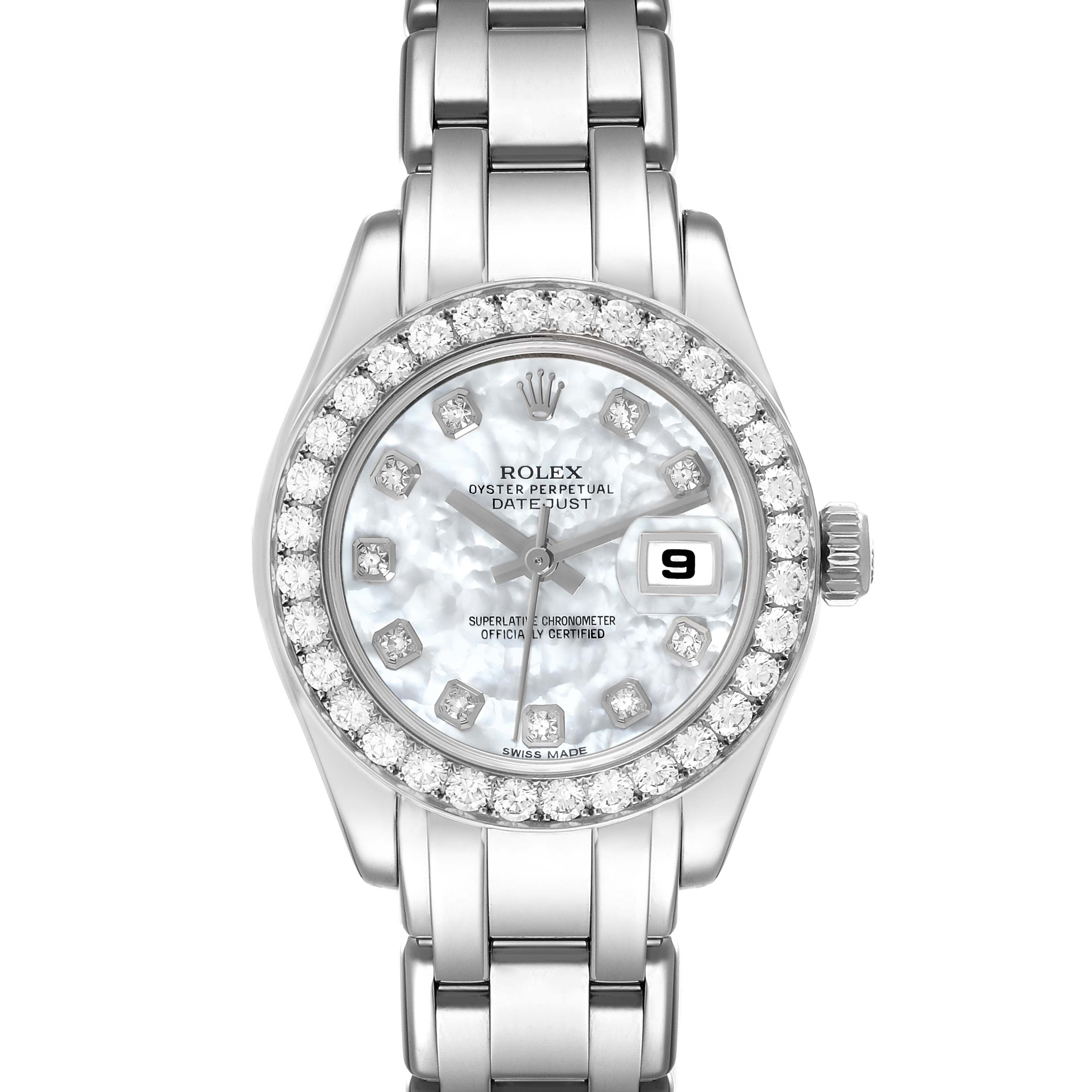 The Rolex Pearlmaster 80299 Women's White Gold Mother of Pearl Dial 80299 Women's White Gold Mother of Pearl Dial watch is shown from the front, displaying the face, bracelet, and bezel encrusted with diamonds.