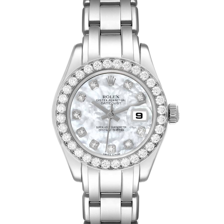 The Rolex Pearlmaster watch is shown from the front, displaying the face, bracelet, and bezel encrusted with diamonds.