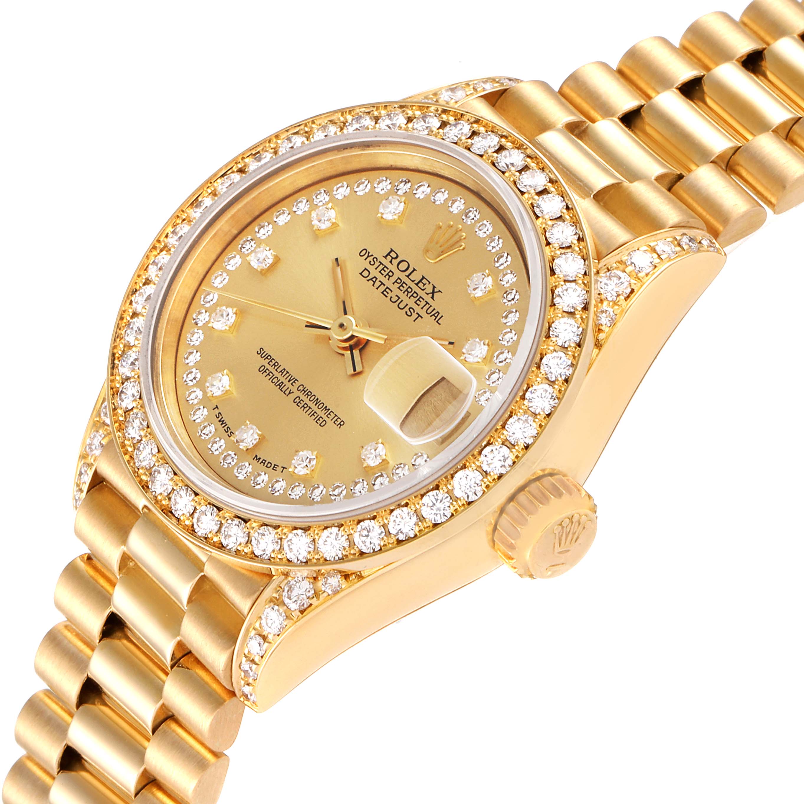 The Rolex President 69158 Women's Yellow Gold Champagne Dial 69158 Women's Yellow Gold Champagne Dial model watch is shown from an angled view, highlighting the dial, bezel, crown, and part of the bracelet.