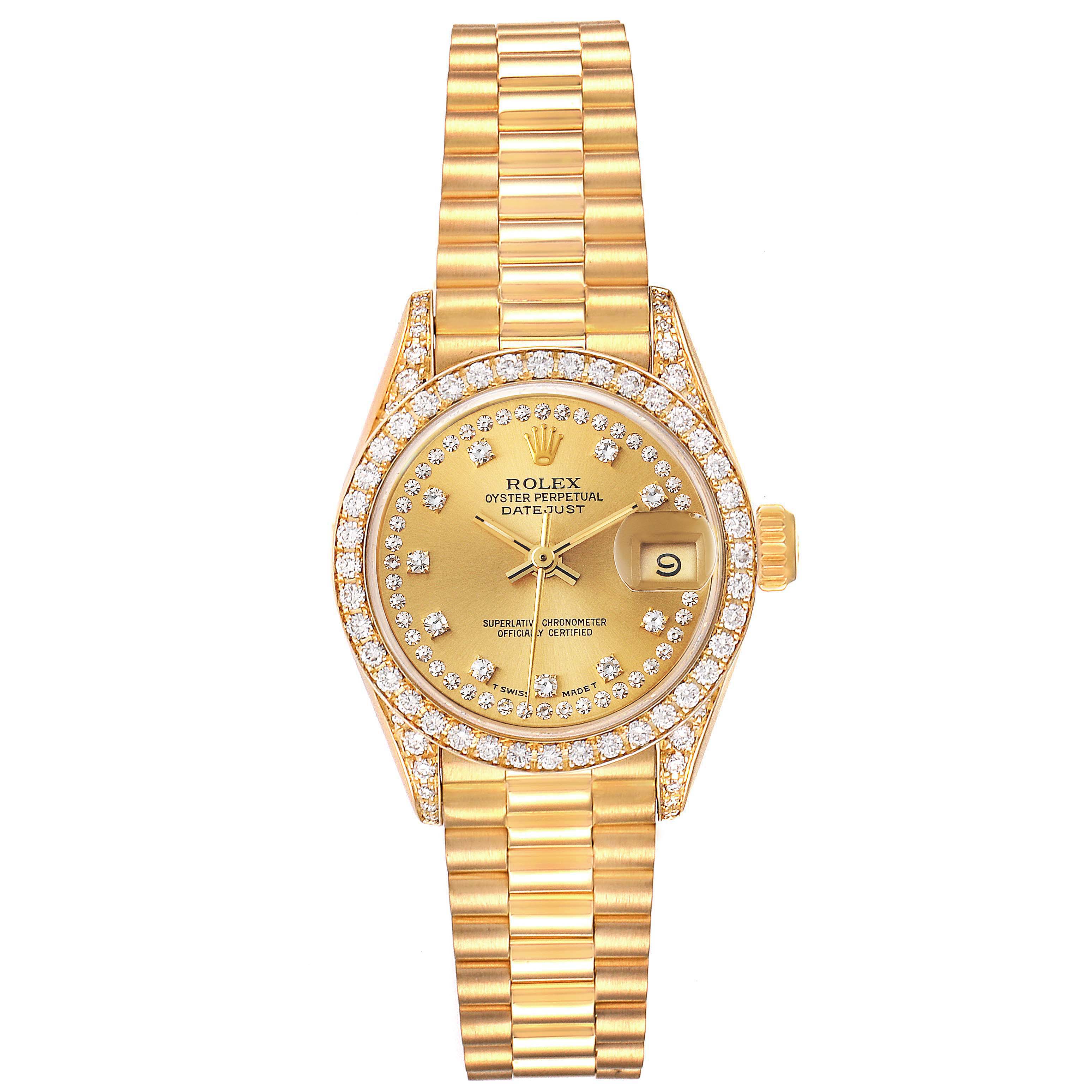 The image shows a Rolex President 69158 Women's Yellow Gold Champagne Dial 69158 Women's Yellow Gold Champagne Dial model watch, viewed from the front, highlighting its dial, bezel, bracelet, and crown.