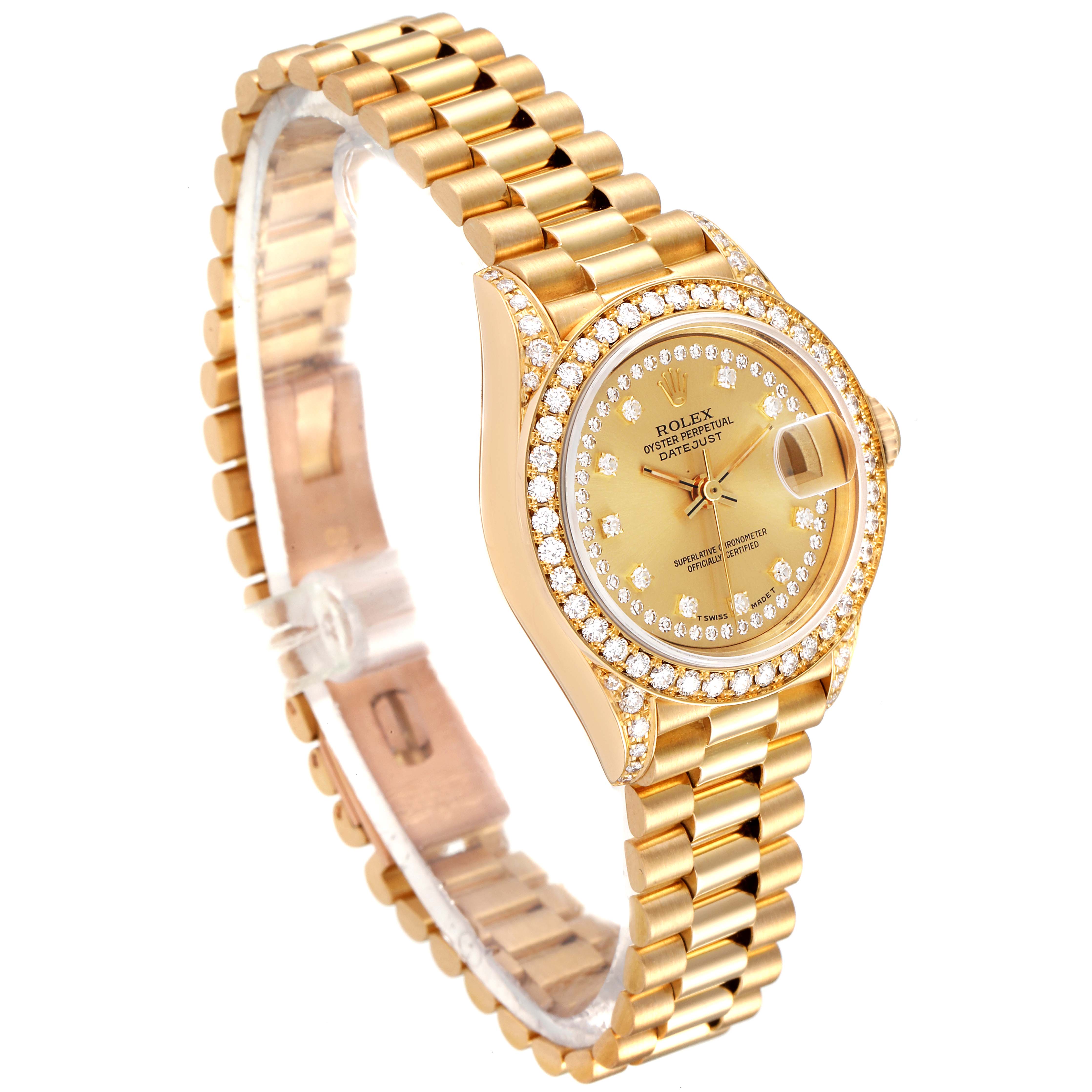 The Rolex President 69158 Women's Yellow Gold Champagne Dial 69158 Women's Yellow Gold Champagne Dial model watch is shown at a three-quarter angle, highlighting its gold bracelet, diamond bezel, and dial details.