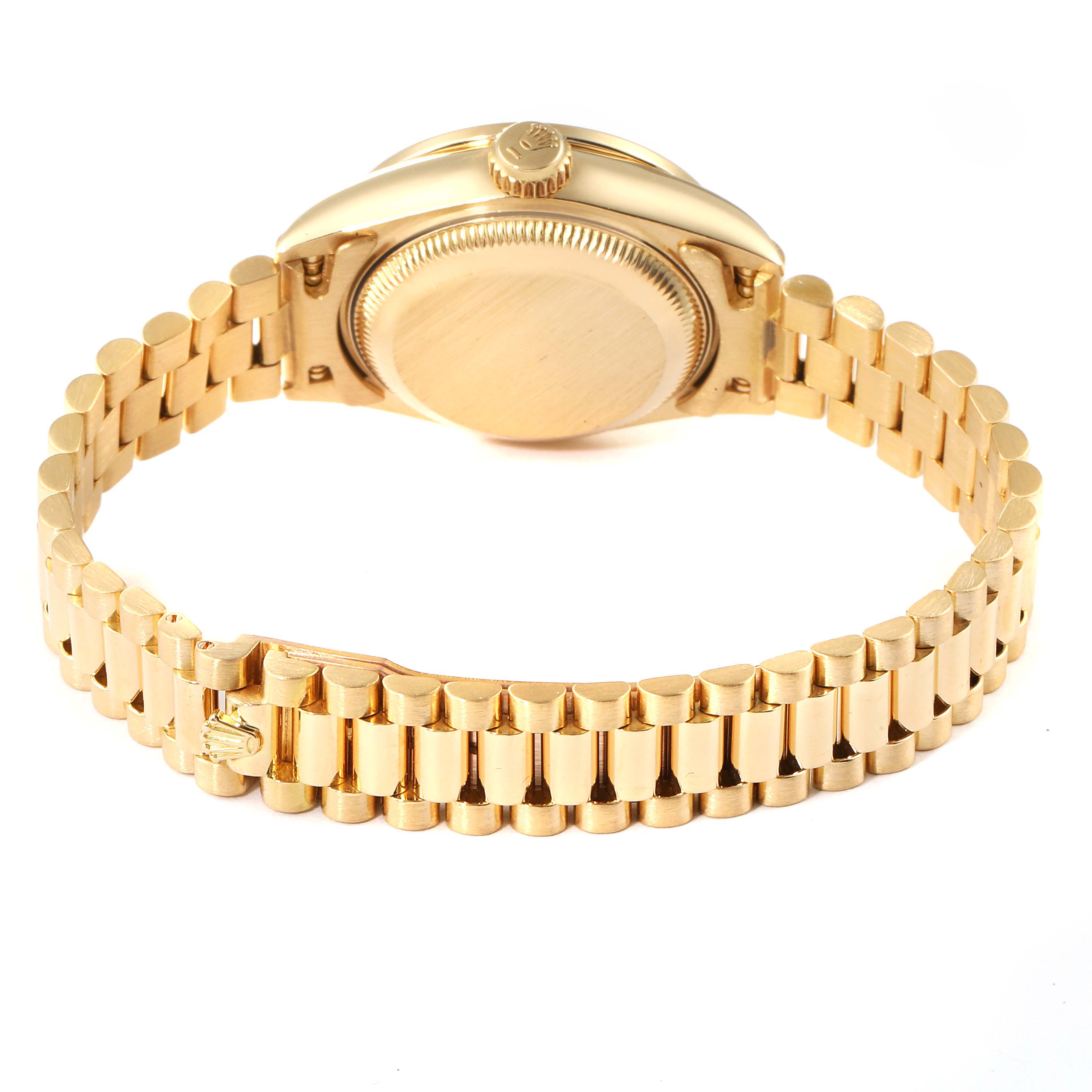 This image shows the back view, crown, and bracelet of the Rolex President 69158 Women's Yellow Gold Champagne Dial 69158 Women's Yellow Gold Champagne Dial model watch.