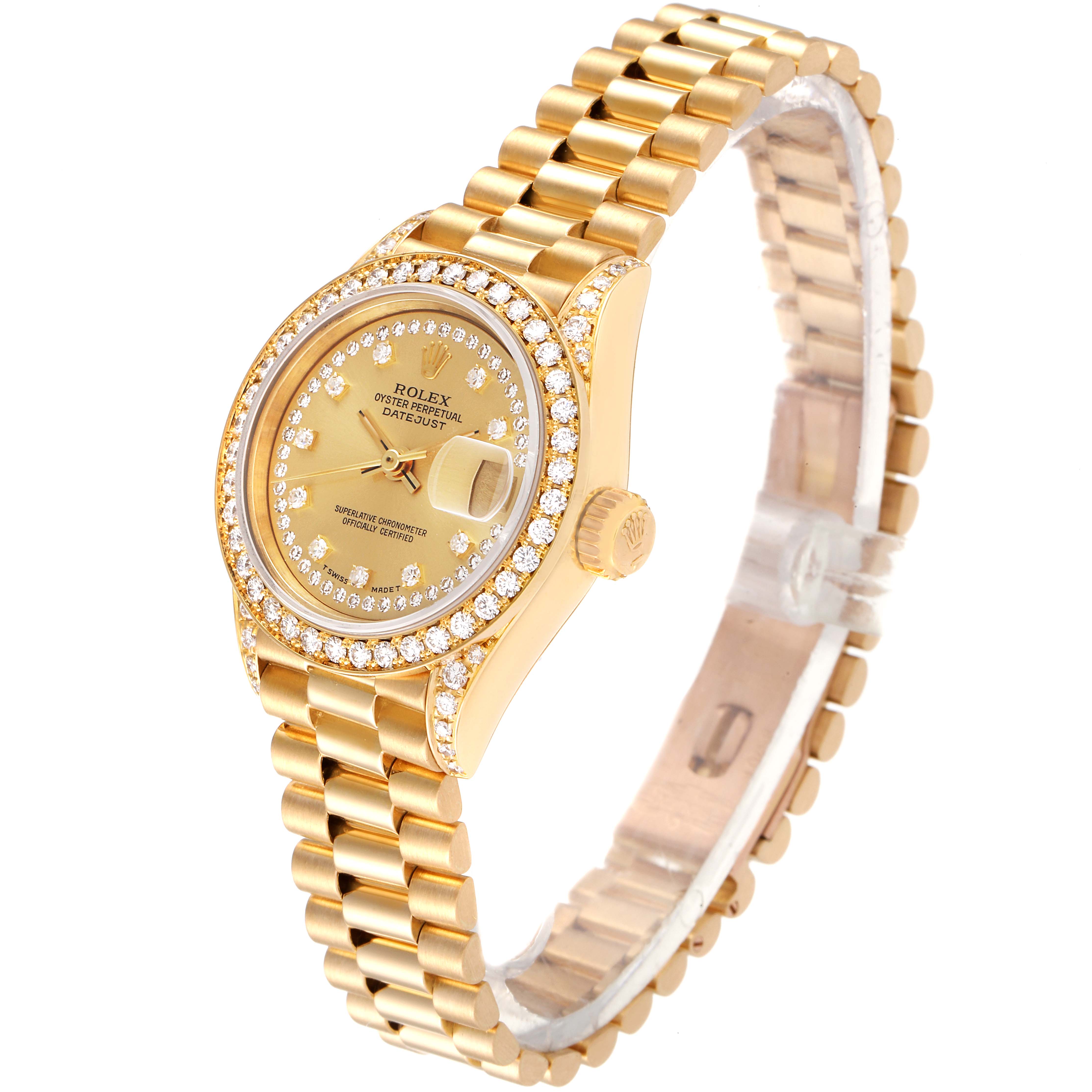 The Rolex President 69158 Women's Yellow Gold Champagne Dial 69158 Women's Yellow Gold Champagne Dial model watch is shown at an angled side view featuring the bezel, dial, crown, and part of the bracelet.