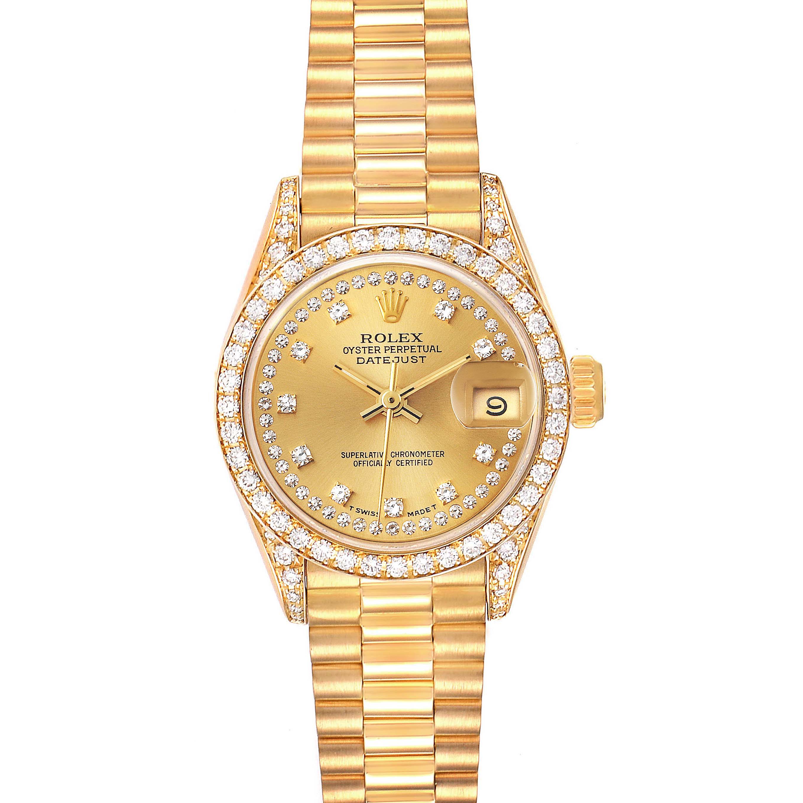 This image shows the face and bracelet of the Rolex President 69158 Women's Yellow Gold Champagne Dial 69158 Women's Yellow Gold Champagne Dial model watch from a straight-on angle.