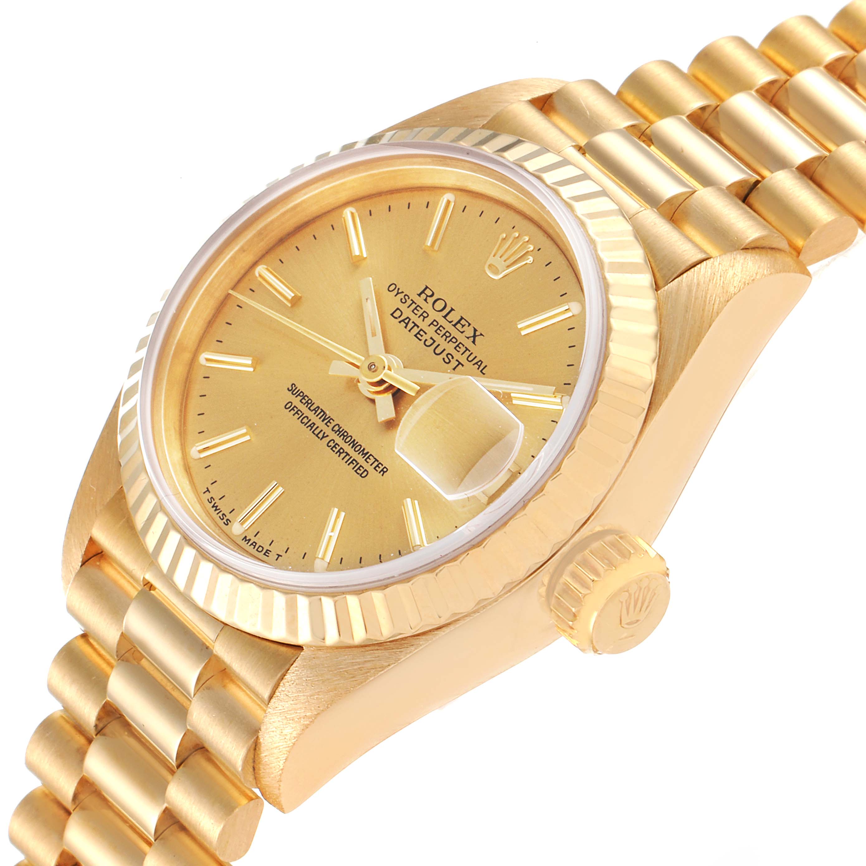 The image shows an angled view of the Rolex President 69178 Women's Yellow Gold Champagne Dial 69178 Women's Yellow Gold Champagne Dial model watch, focusing on the face, bezel, dial, date window, crown, and bracelet.
