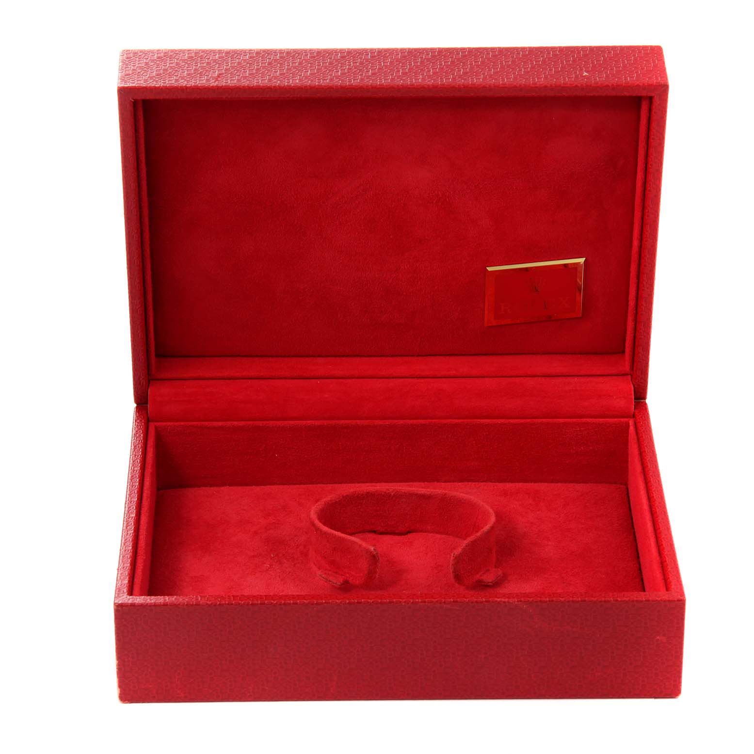 The image shows an open red box with an insert designed to hold a Rolex President 69178 Women's Yellow Gold Champagne Dial 69178 Women's Yellow Gold Champagne Dial model watch.