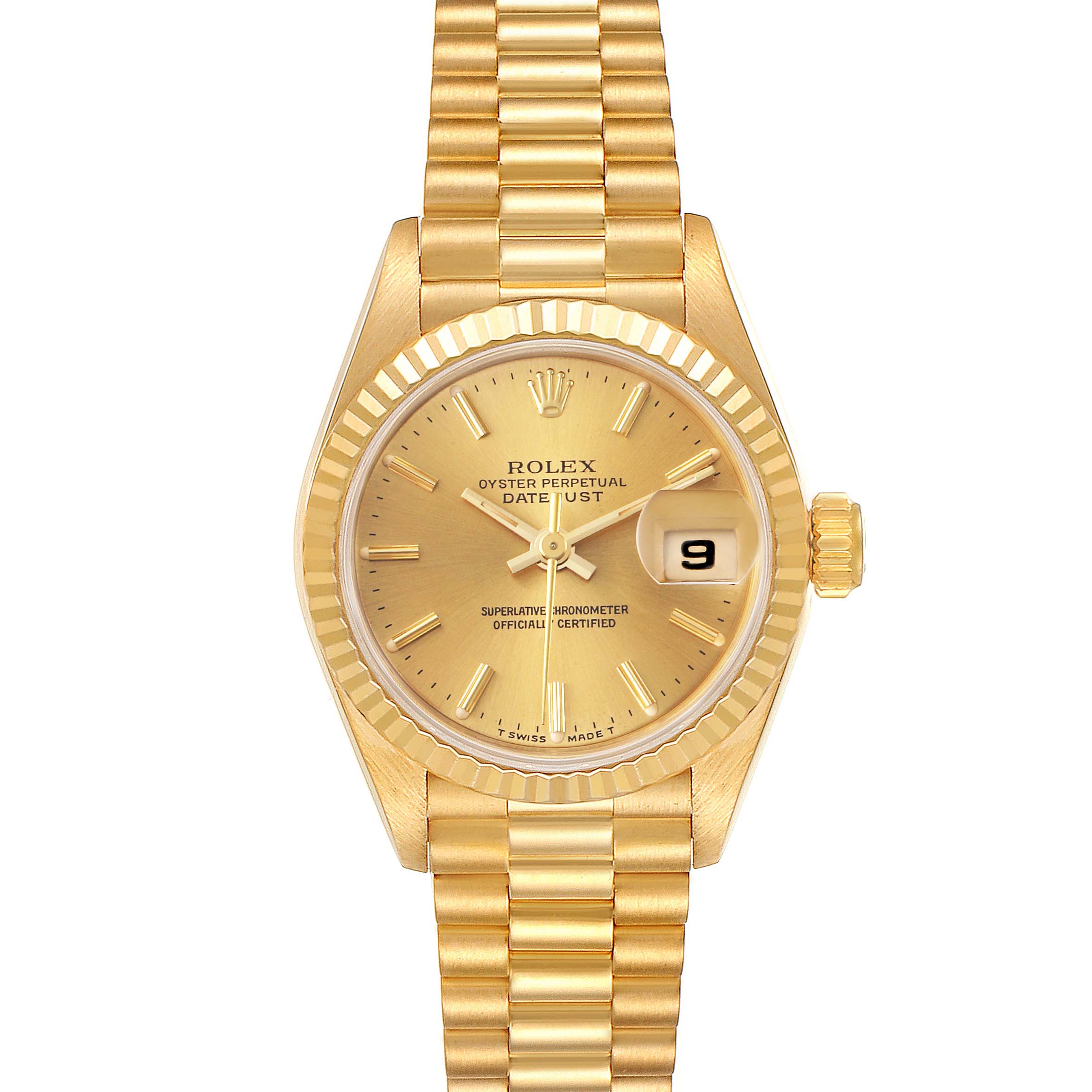 This image shows the face and bracelet of a Rolex President 69178 Women's Yellow Gold Champagne Dial 69178 Women's Yellow Gold Champagne Dial model watch in a direct, flat angle.