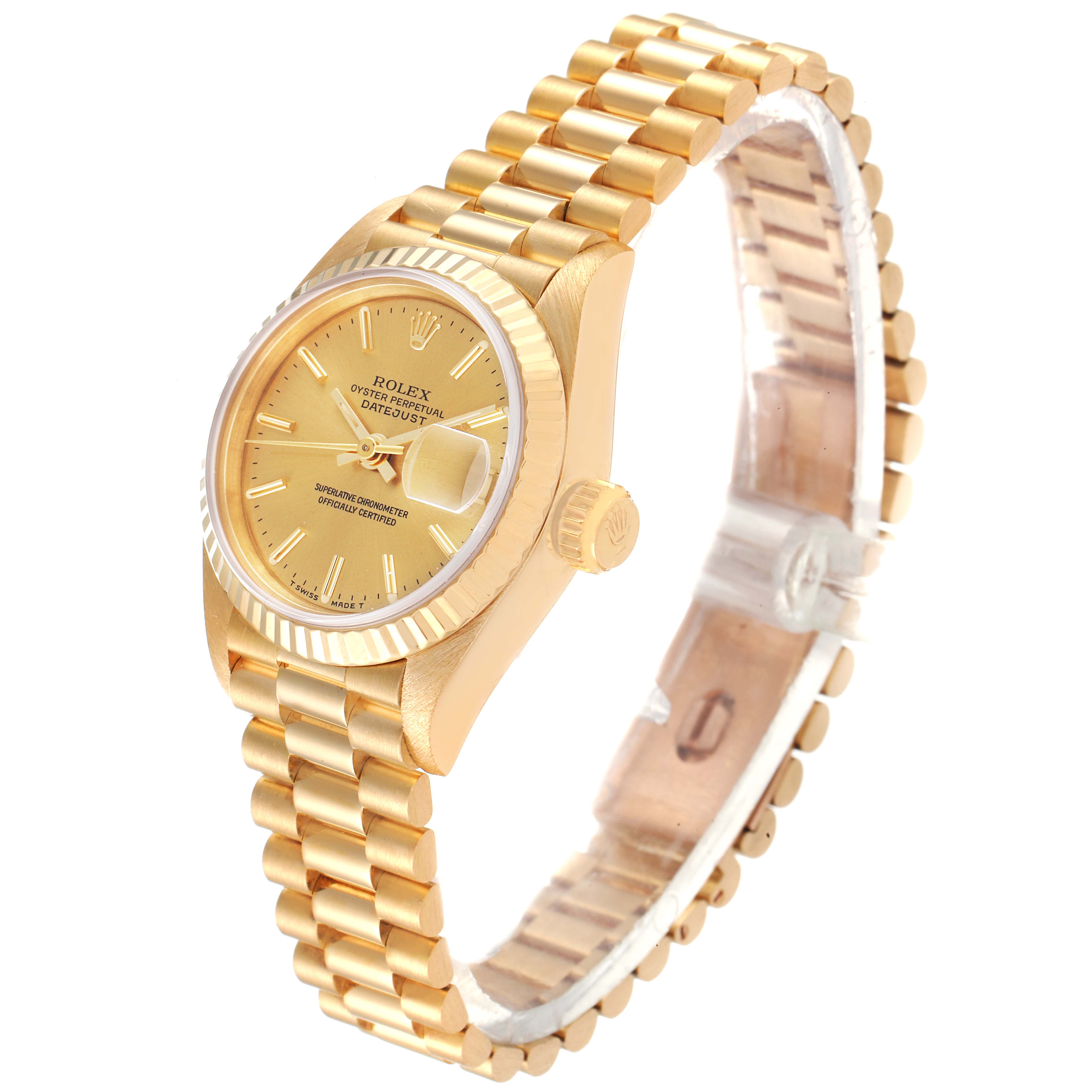 The image shows a Rolex President 69178 Women's Yellow Gold Champagne Dial 69178 Women's Yellow Gold Champagne Dial model watch at a three-quarter angle, displaying the dial, bezel, crown, and bracelet.