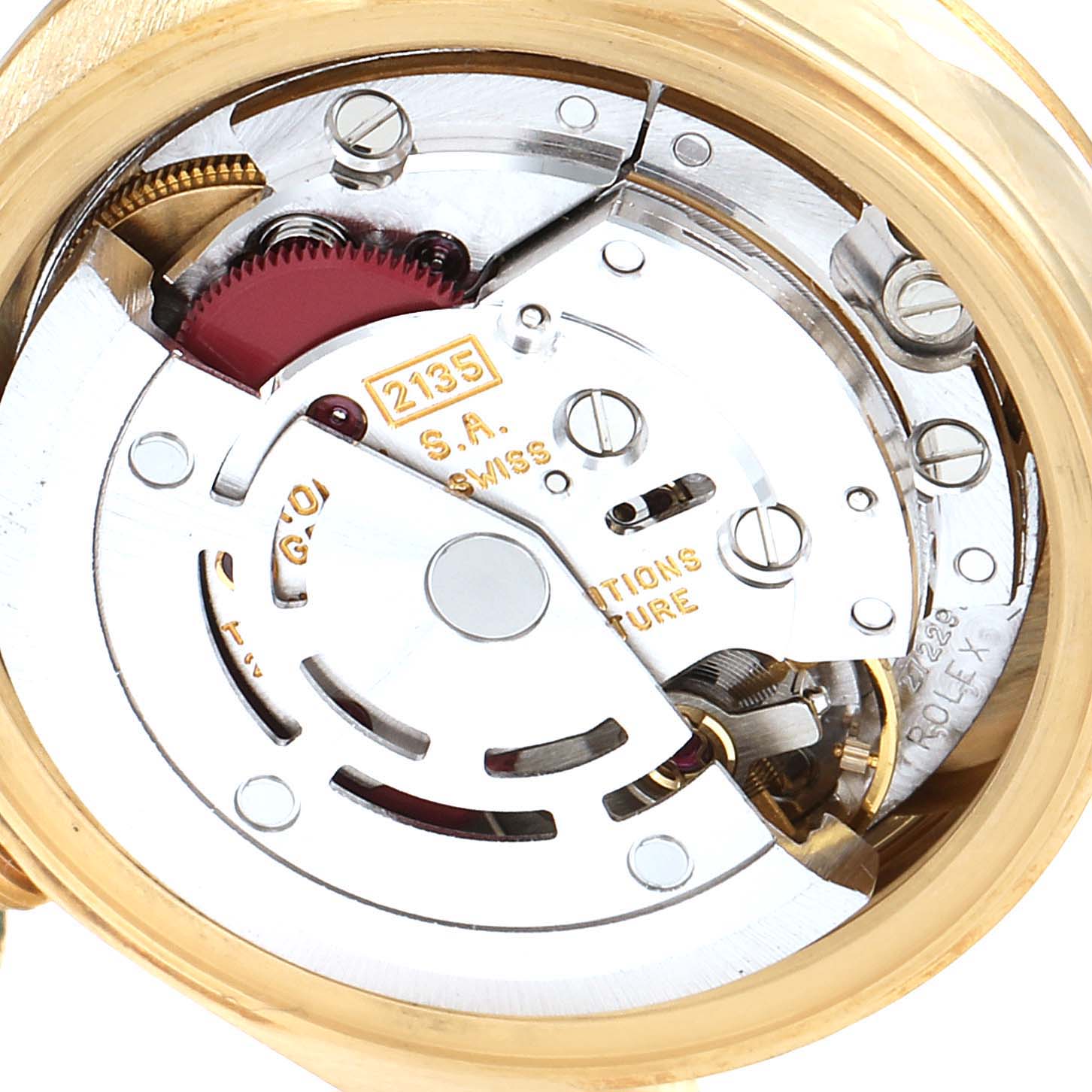 This close-up image shows the internal mechanism of the Rolex President 69178 Women's Yellow Gold Champagne Dial 69178 Women's Yellow Gold Champagne Dial model watch.