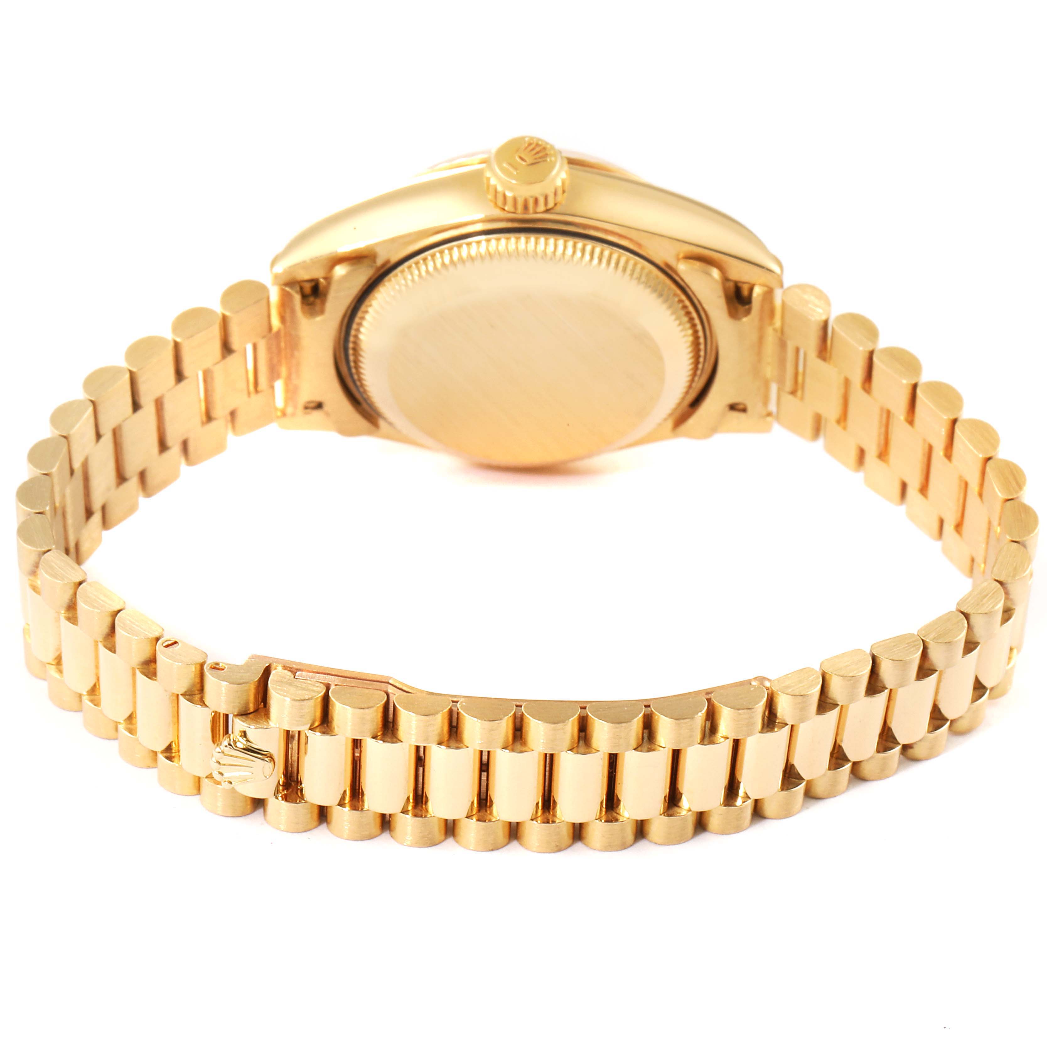 The image shows the underside of a Rolex President 69178 Women's Yellow Gold Champagne Dial 69178 Women's Yellow Gold Champagne Dial model watch, highlighting the clasp, bracelet, and case back.
